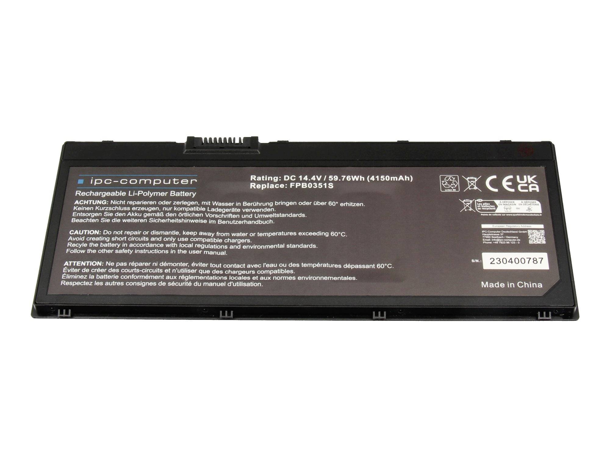 Svart batterienhet för laptop märkt ipc-computer, visar 14.4V 59.7Wh och myndighetsmärkningar.