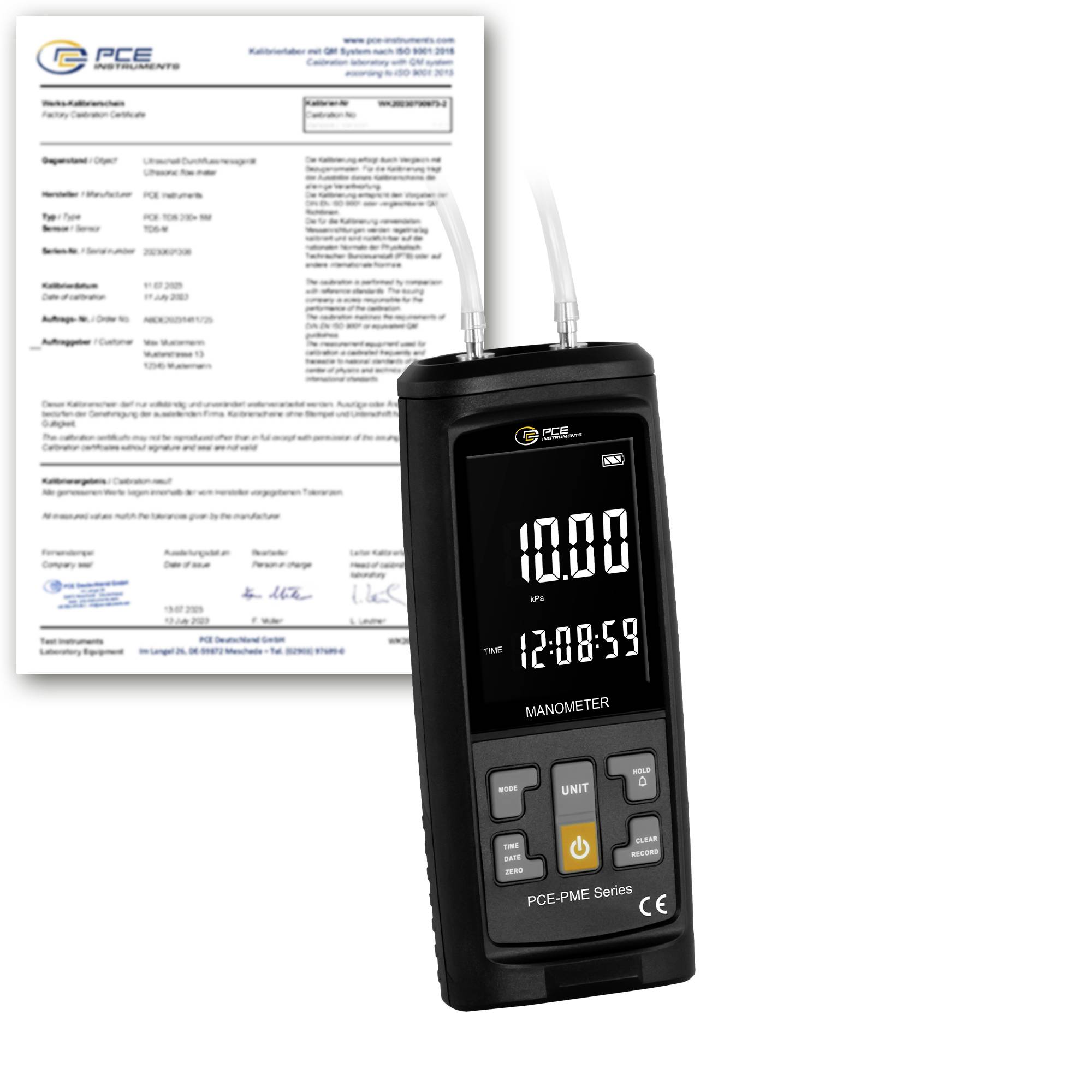 Digital manometer visar 10.00 psi och 12:08:59, med ett kalibreringscertifikat bakom det.