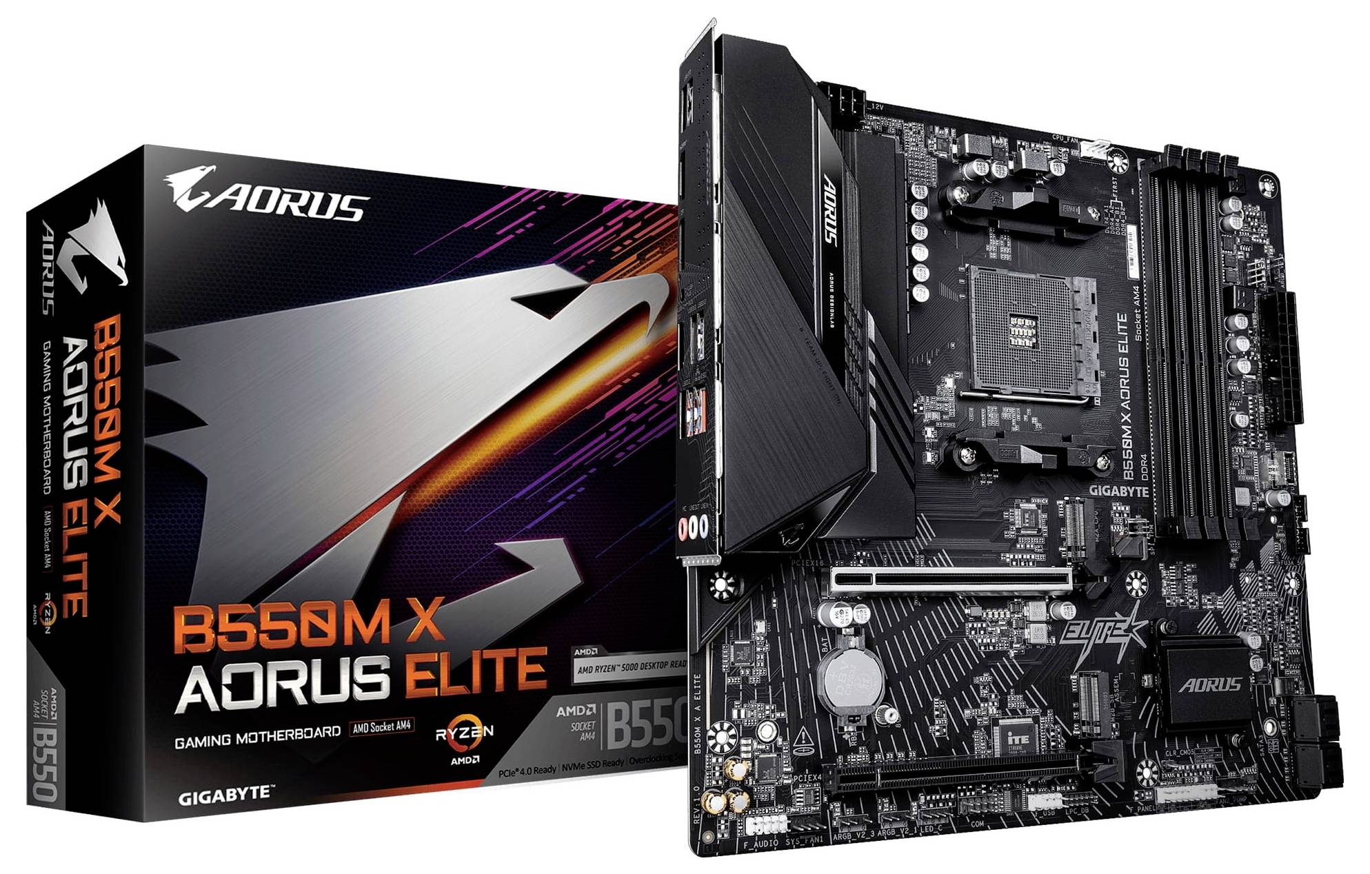 GIGABYTE AORUS B550M X ELITE-spelmotherboard visas bredvid sin detaljhandelslåda.
