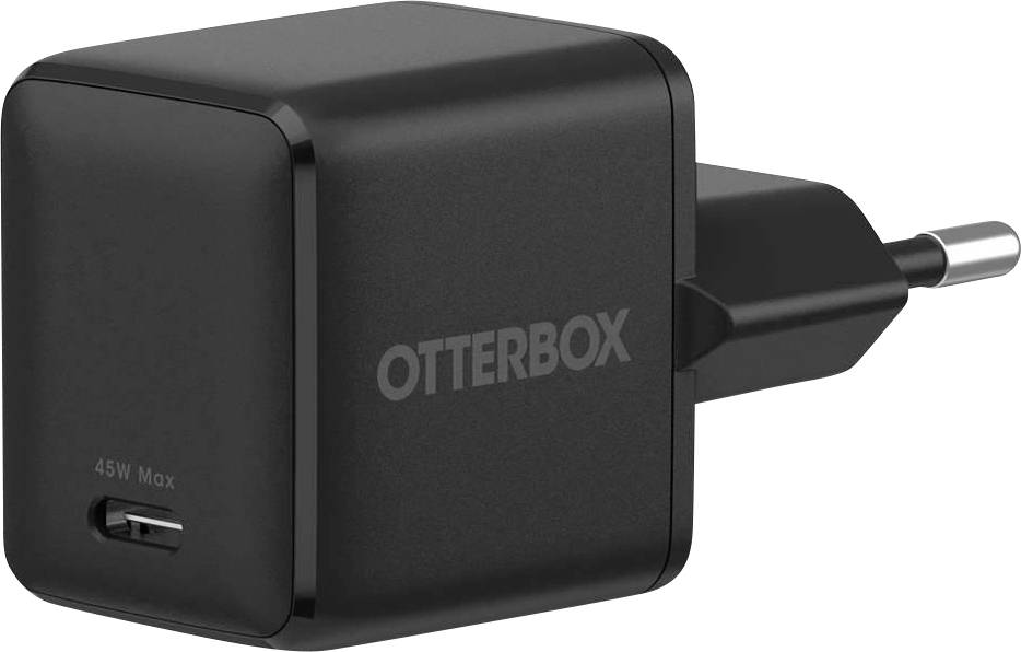 Svart OtterBox 45W Max väggladdarare med USB-C-port och europeiskt stickpropp.