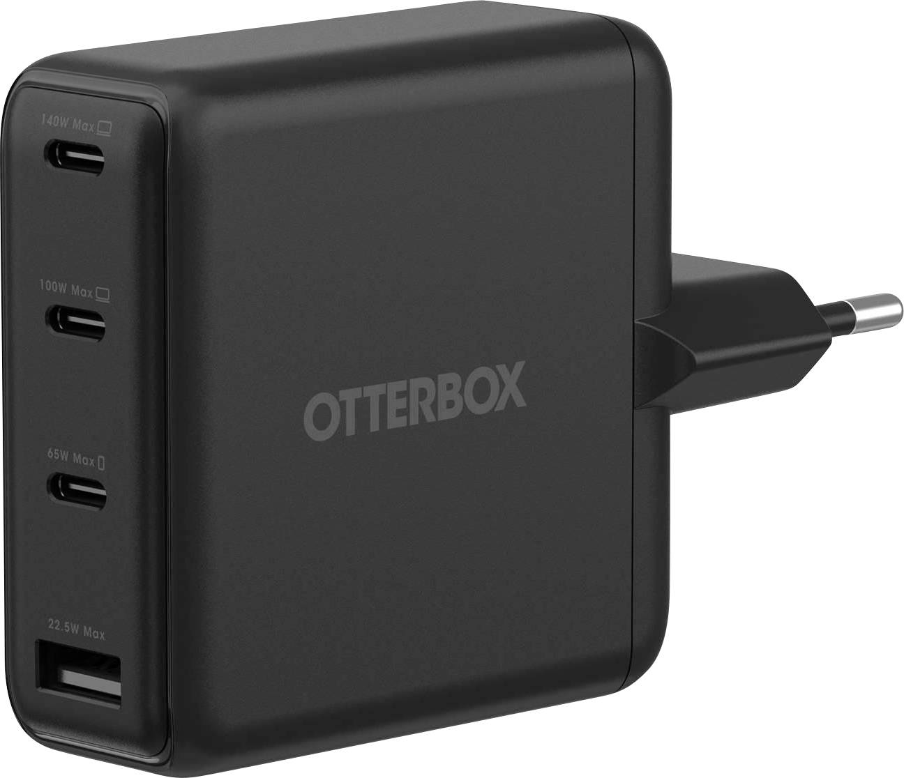 Svart OtterBox väggkabel med tre USB-C-portar och en USB-A-port, visad med ett europeiskt kontakt.