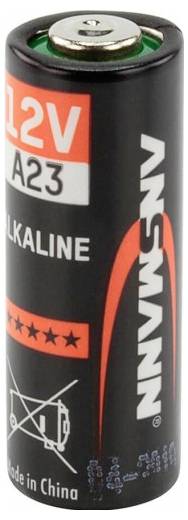 Ett 12V A23 alkaliskt batteri med svart-orange etikett och texten "12V" och "A23".