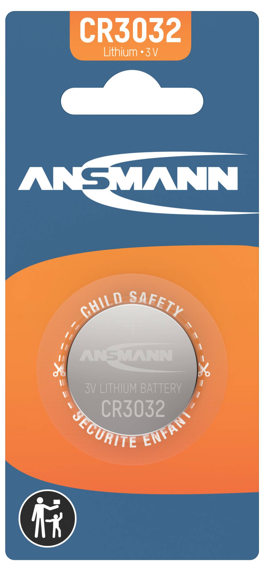 Paket med ANSMANN CR3032 litiumebatteri 3V med barnskyddsbvarning och synlig batteribild.