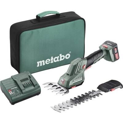 Metabo trådlös häckklippare kit med bärväska, batteri, laddare och två trimskär.