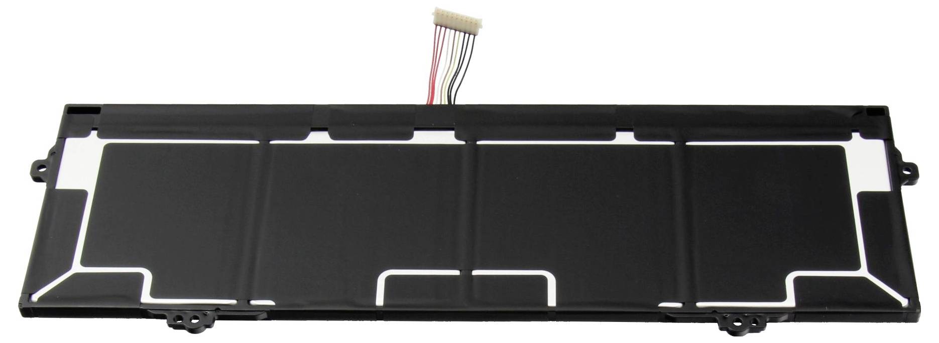 Svart rektangulär elektronisk batteripaketshousing med kontakt och ledningsuppsättning, visad mot en vit bakgrund.