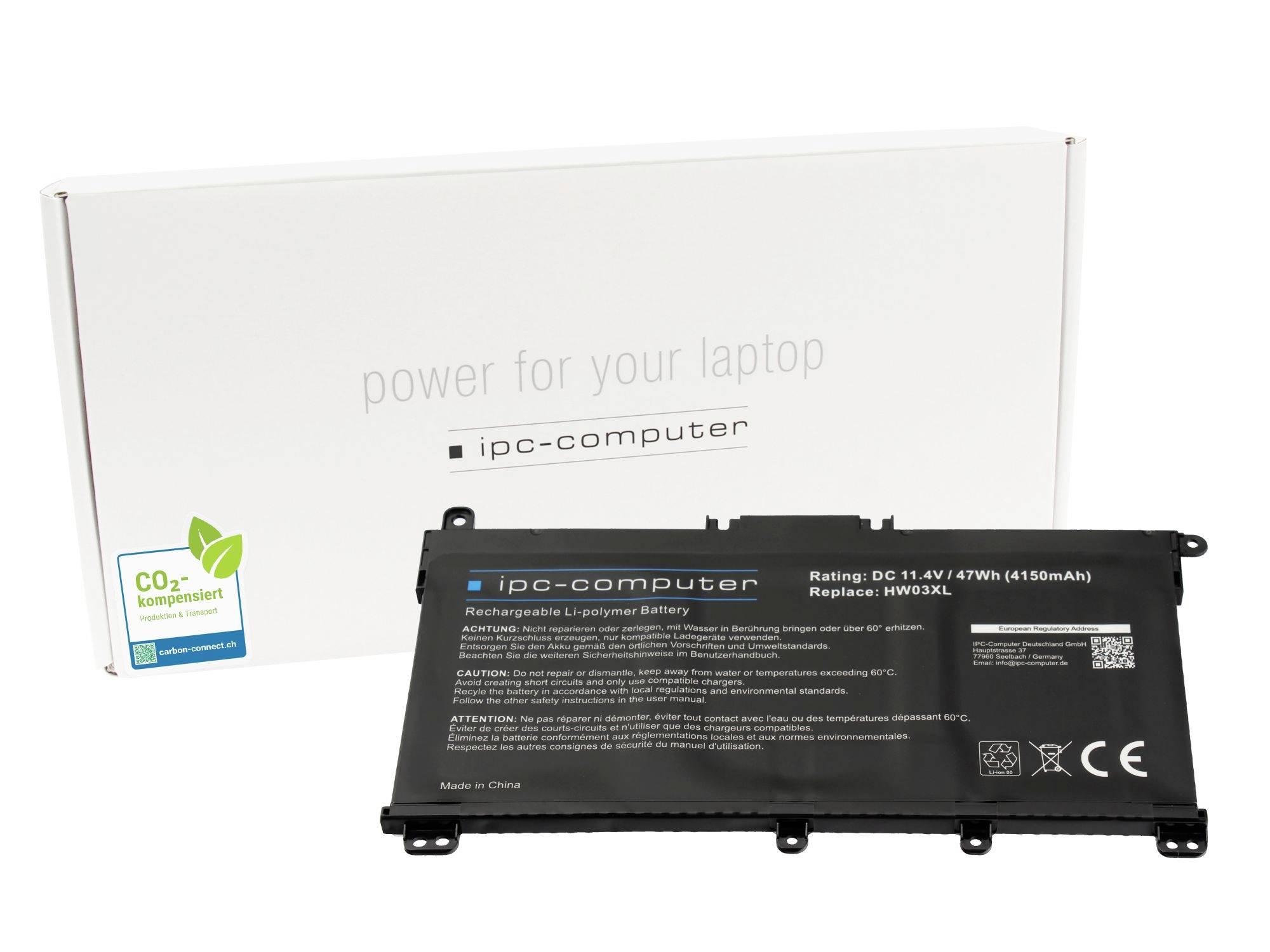 Ersättningsbatteri för laptop framför vit "power for your laptop" IPC-datordator-låda med CO2-kompenserad etikett.