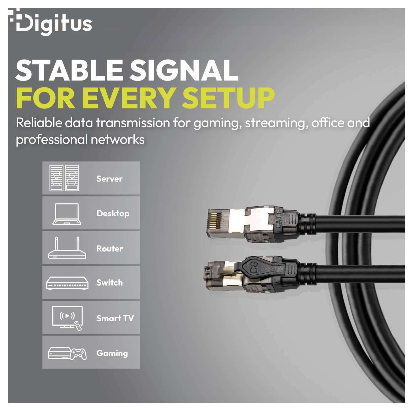 Digitus-annons med Ethernetkablar och kontakter, rubrik "STABIL SIGNAL FÖR VARJE INSTALLATION," som marknadsför pålitlig dataöverföring för spel, streaming, kontorsnätverk och professionella nätverk.