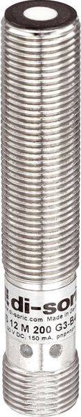 Närbild av en silverfärgad cylindrisk metallsensor med gänga, en mörk topp och en tryckt etikett nära botten.