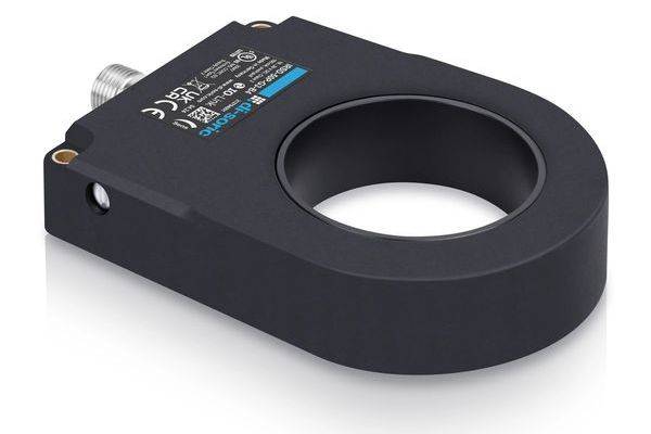 Svart ringformad industriell sensor eller klämsenhet med kabelanslutning i ena änden, visad på en vit bakgrund.