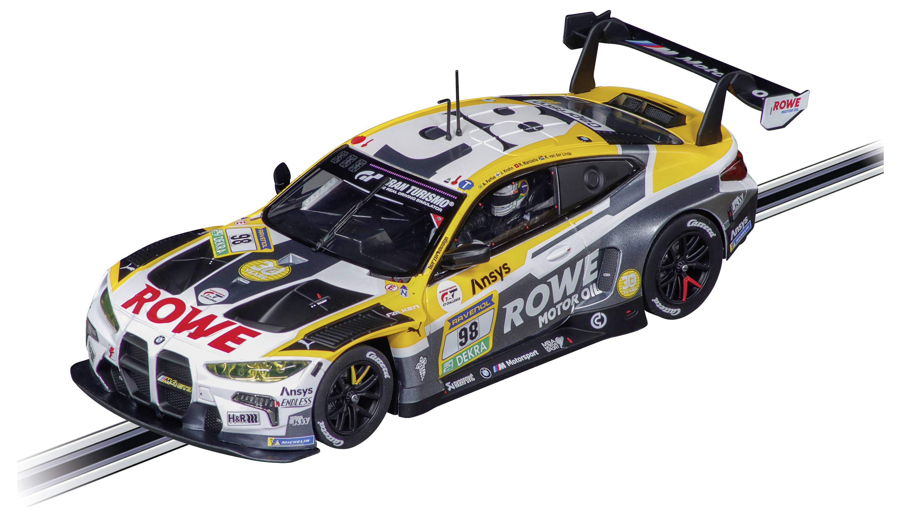 Gul och svart ROWE-racingbil på en rail eller bana, visad i tre-fjärdedelsvy med sponsorlogotyper och bakre spoiler.