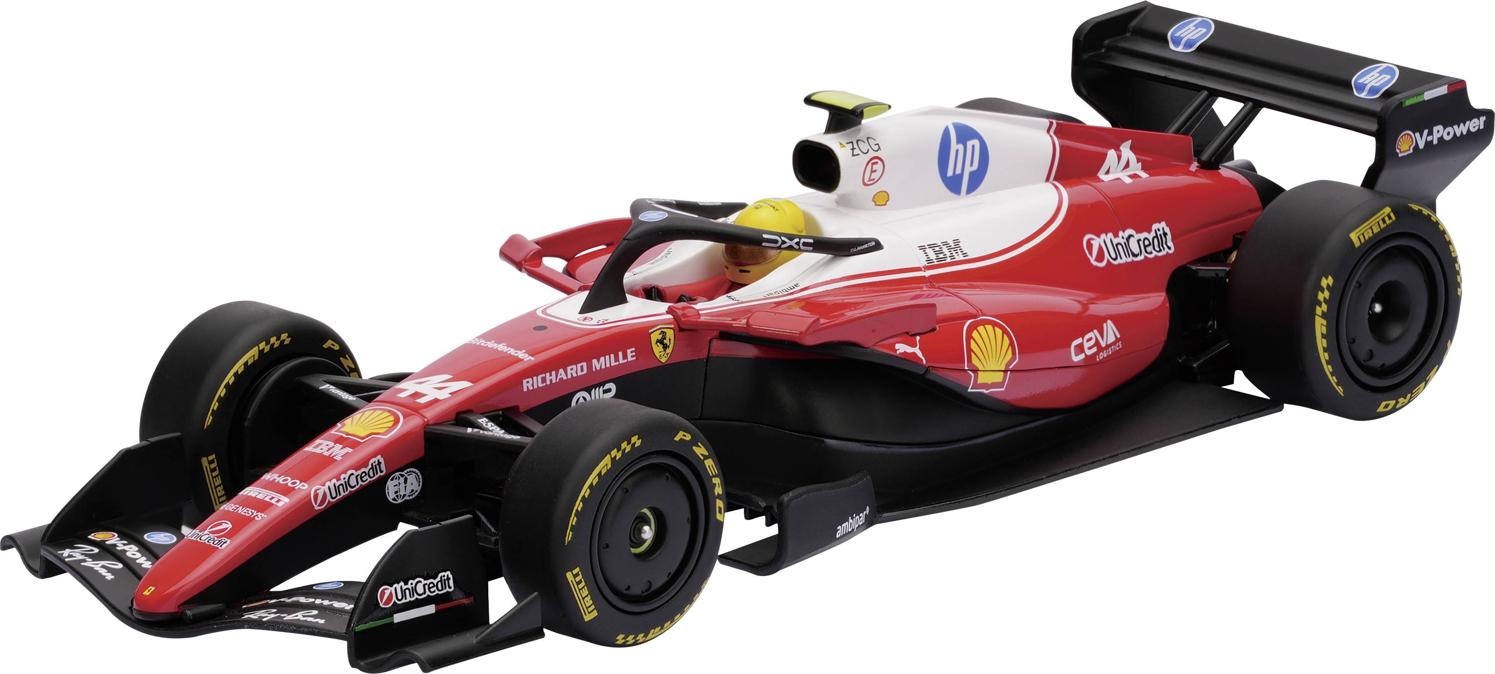 Röd och svart Formel 1-racerbil visad i sidovy, med sponsorlogotyper och stor bakväxel på vit bakgrund.
