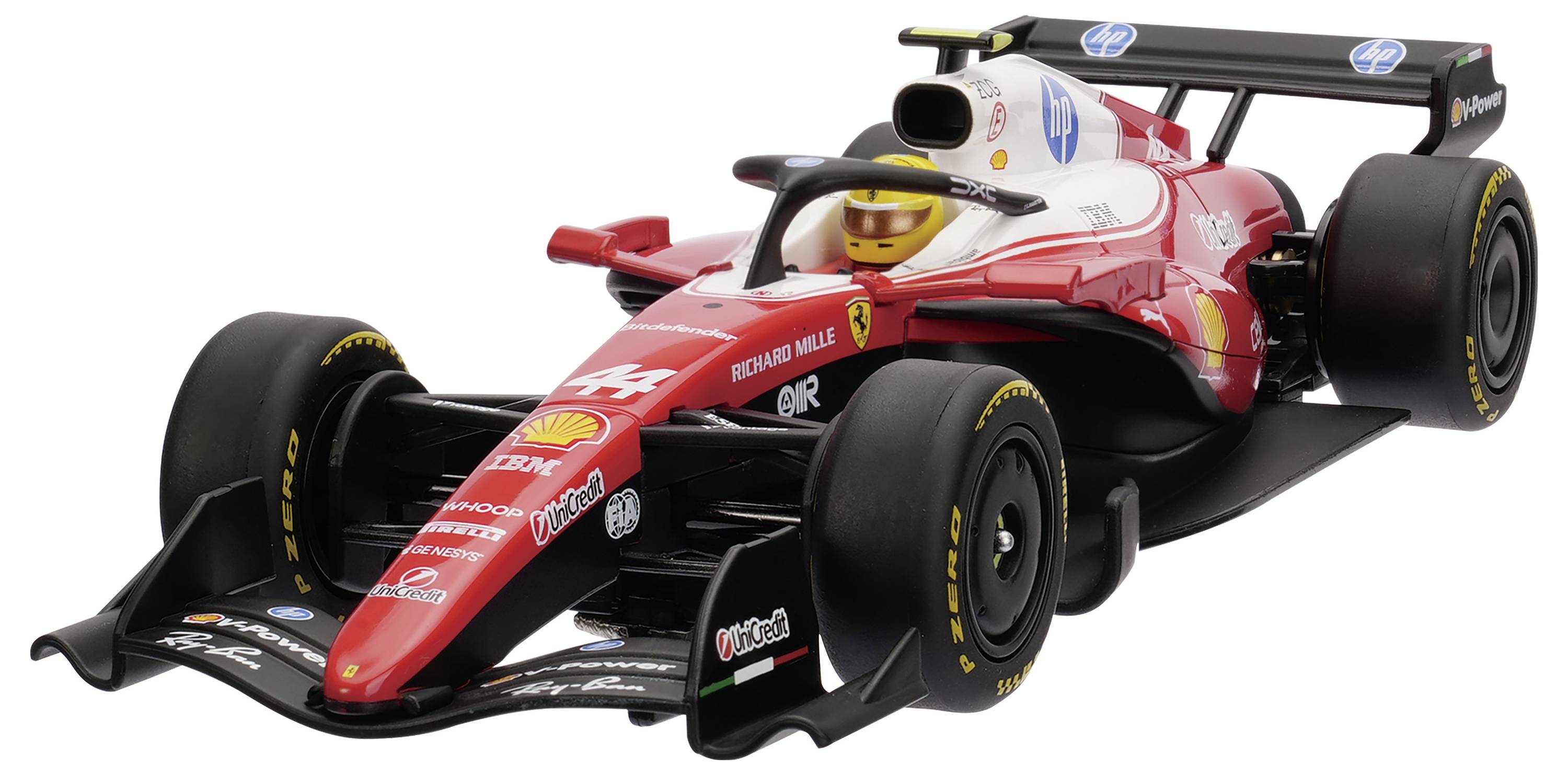 Röd och vit Formel 1-racerbil på vit bakgrund, visad i trevårsvinkel framifrån med stor bakväng och svarta däck.