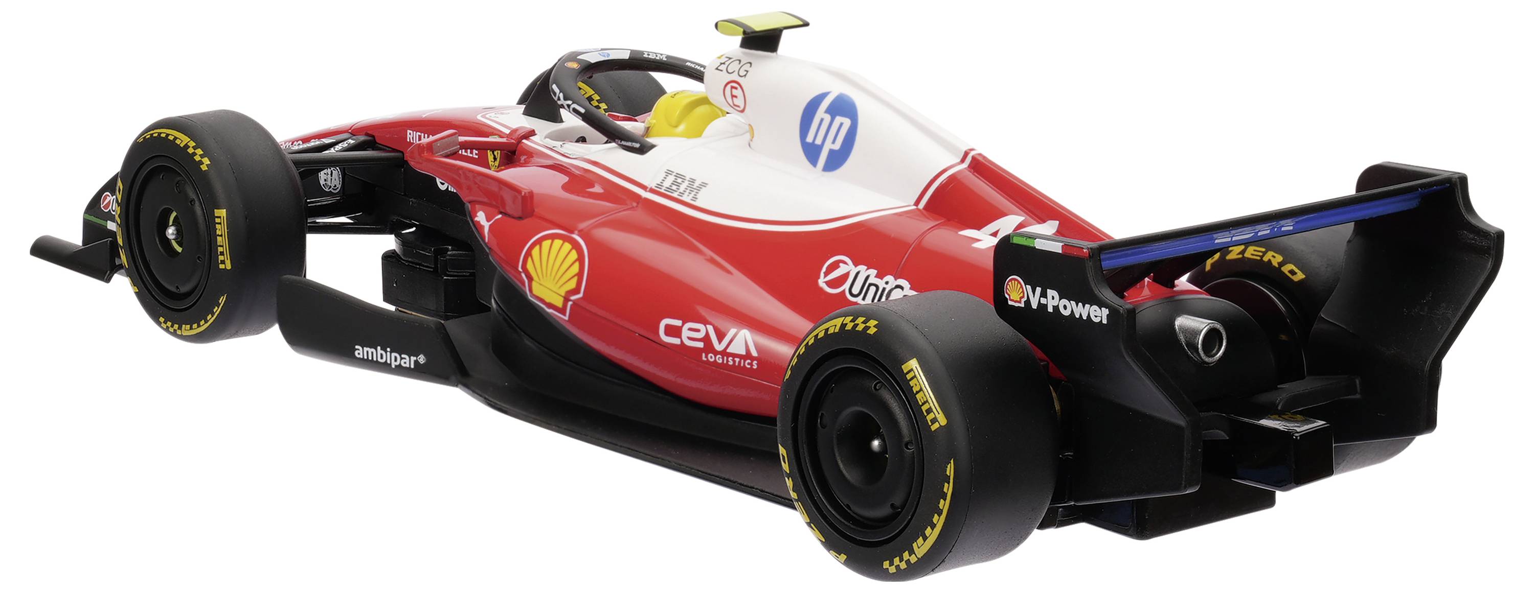 Röd och vit Formel 1-racerbil på vit bakgrund, visad i sidovy med Shell-, HP- och Oracle-branding.