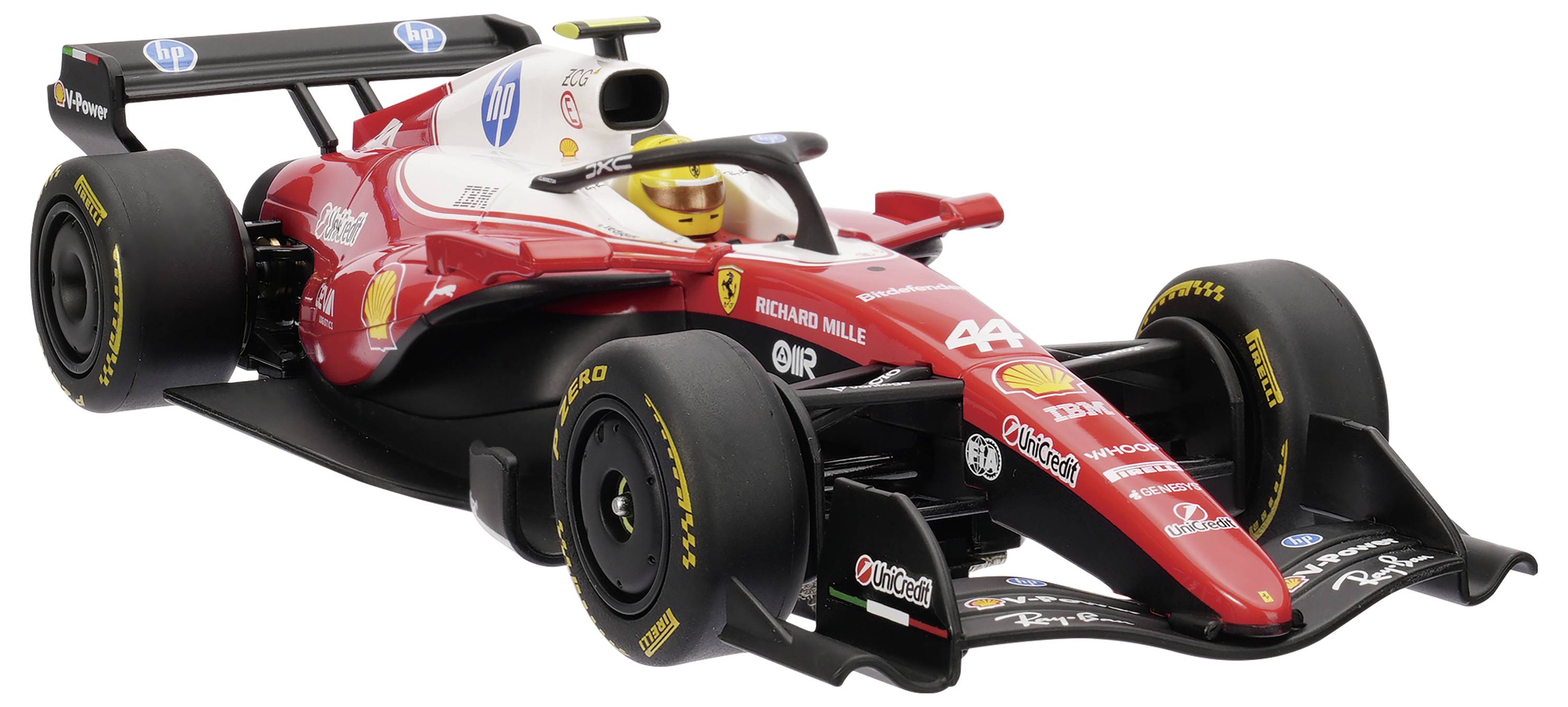 Röd och svart Formel 1-racerbil med sponsorlogotyper, visad i en frontisk trevärtsvy på vit bakgrund.