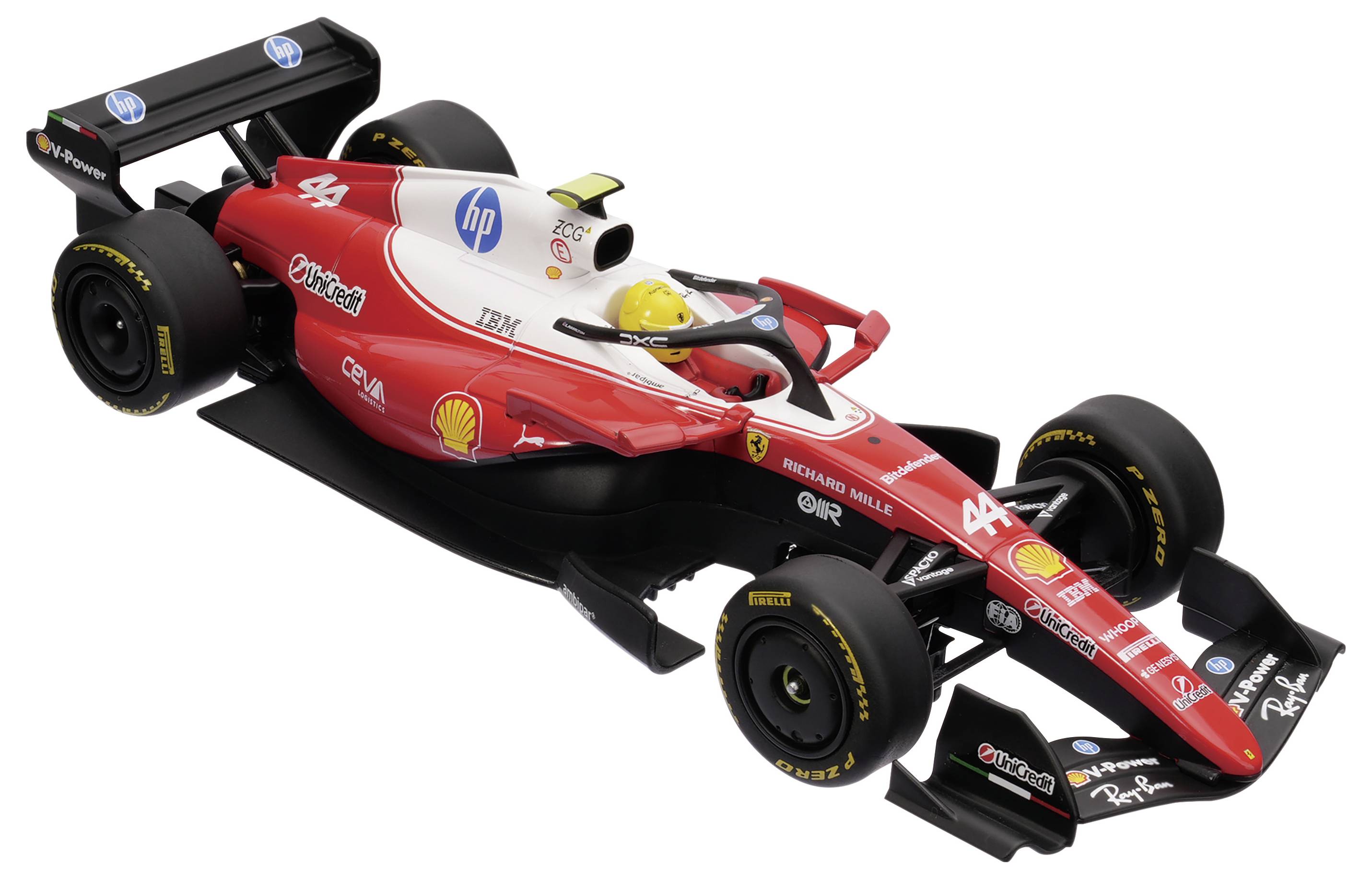 Röd och vit formel 1-racerbil med Shell och HP-märkning, visad i vinkel på vit bakgrund.