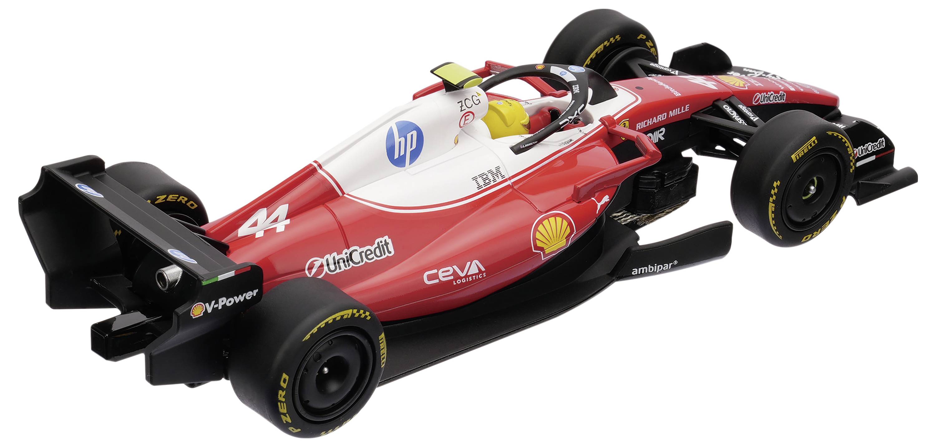 Röd Formel 1-racerbil med nummer 44 och sponsorlogotyper, visad i sidovy på vit bakgrund.