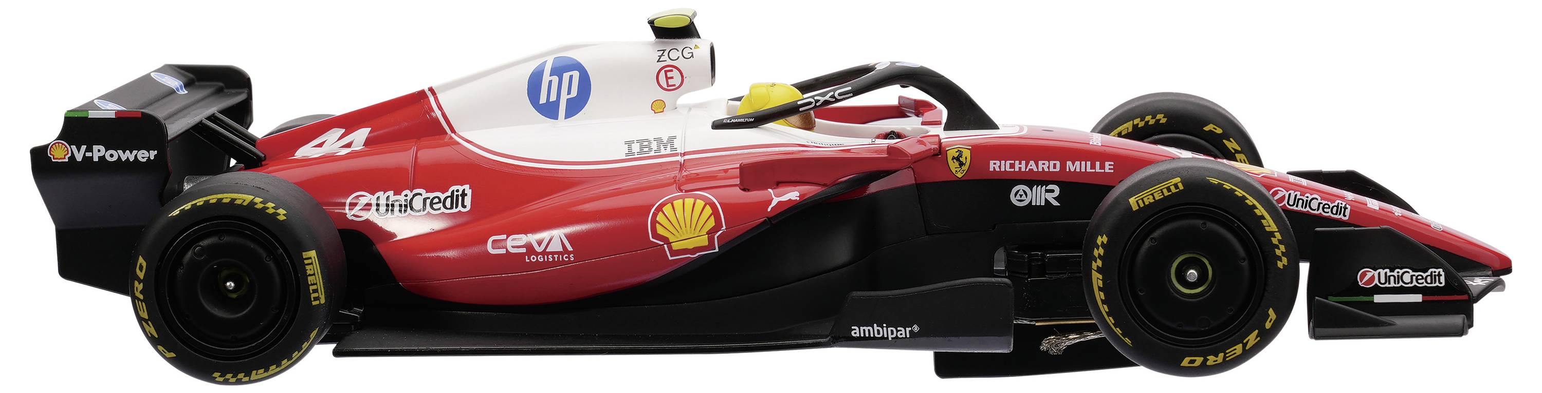 Röd-och-svart Formel 1-racerbil i sidovy med HP- och Shell-märkning, visar sponsorlogotyper och en låg, aerodynamisk design.