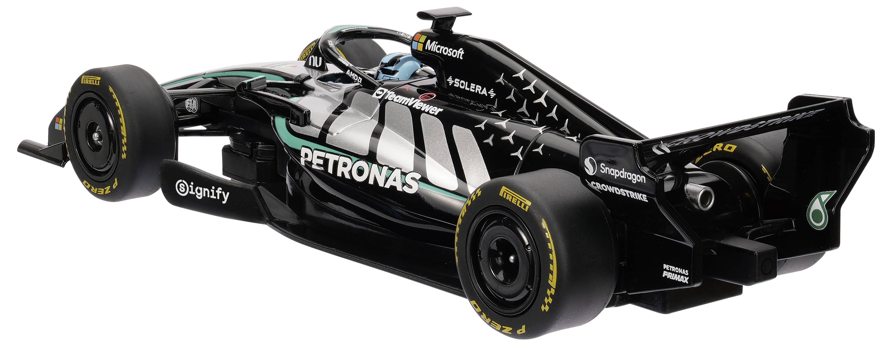 Svart Mercedes Formula 1-racerbil på vit bakgrund, visad från sidovyn med PETRONAS-märkning och nummer 63.