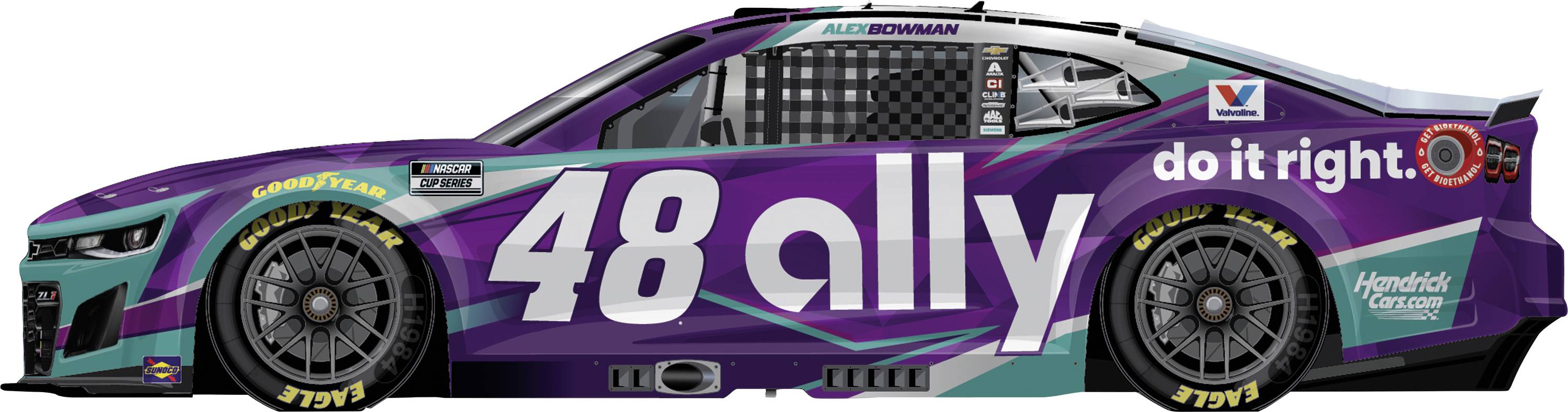 Sidovy av en lila nummer 48 Ally NASCAR-tävlingsbil med Goodyear-däck och "do it right."-märkning, visad på en vit bakgrund.