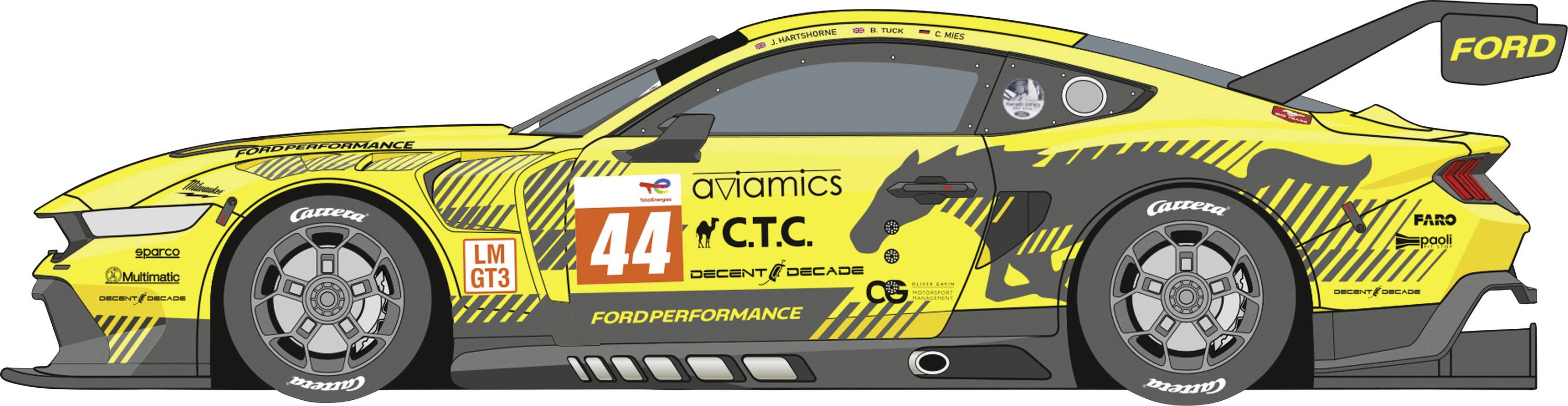 Gul Ford GT-racerbil nummer 44 i profil, med svart grafik och sponsorlogotyper, inklusive aviamics och W.T.C., på vit bakgrund.