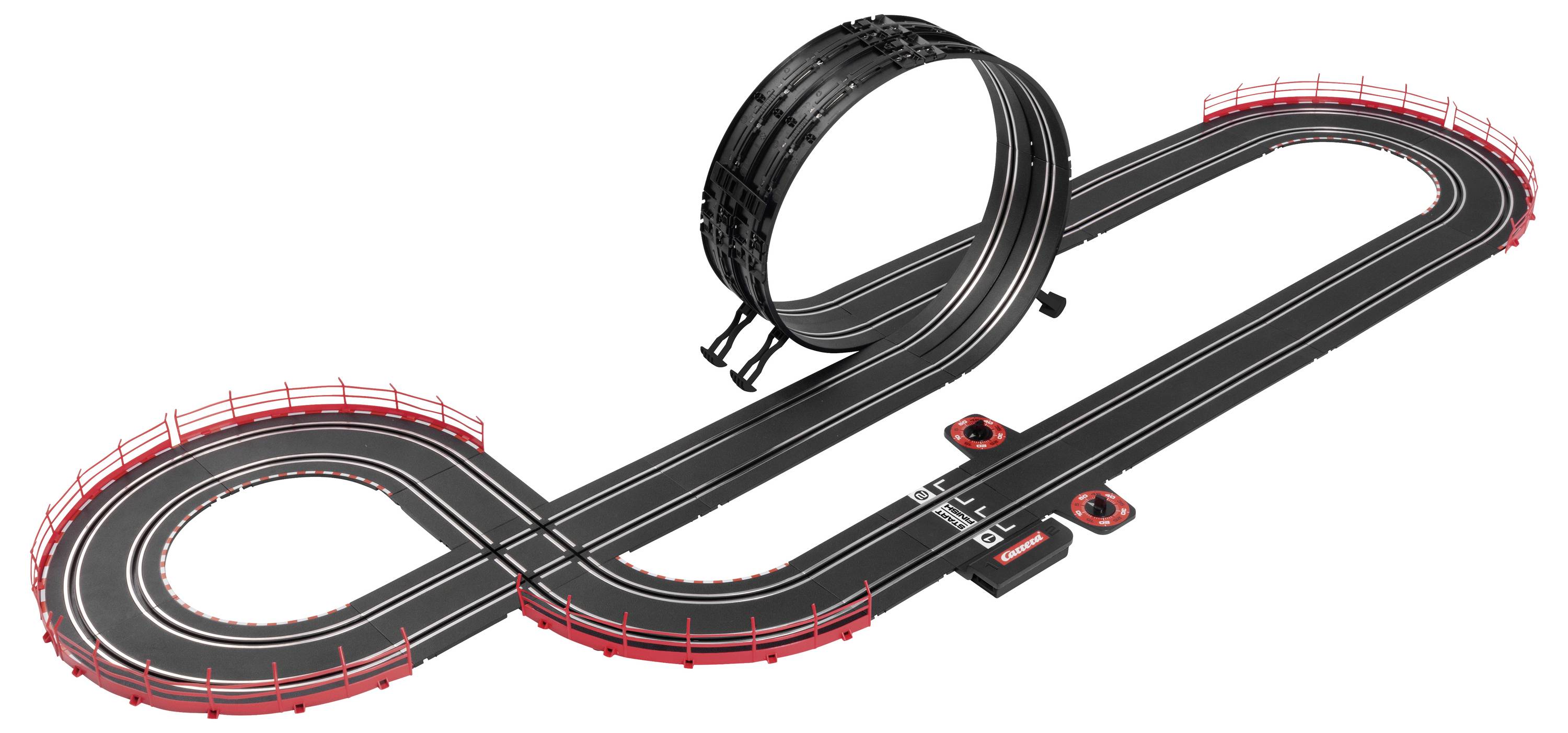 En oändlighetssymbol-formad slot car-bana med två loopar, röda räcken och en upphöjd vertikal loop-sektion i mitten.