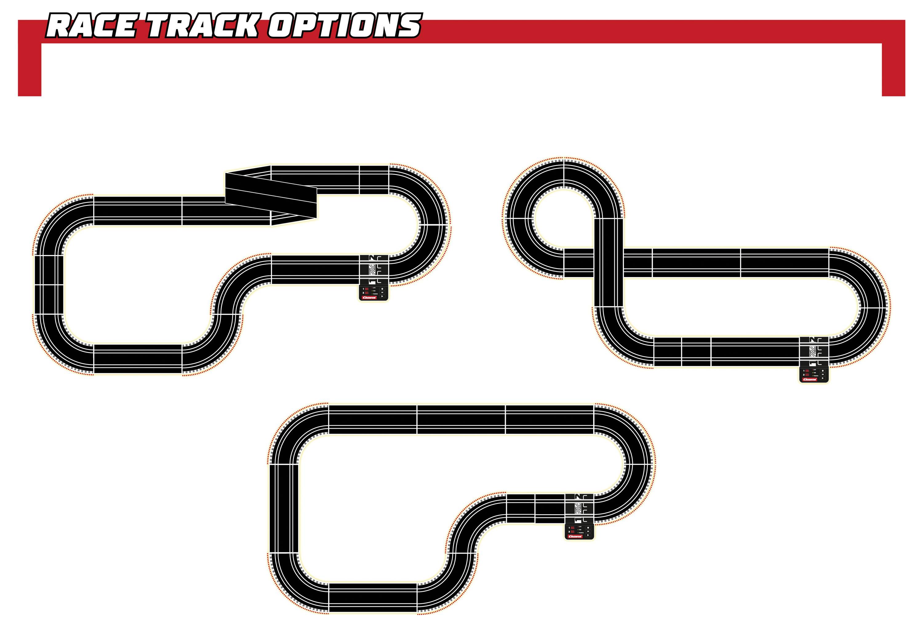 Tre alternativ för racerbananlayout visade som svarta vägarar med orange kanter under rubriken "RACE TRACK OPTIONS" (ALTERNATIV FÖR RACERBANA).