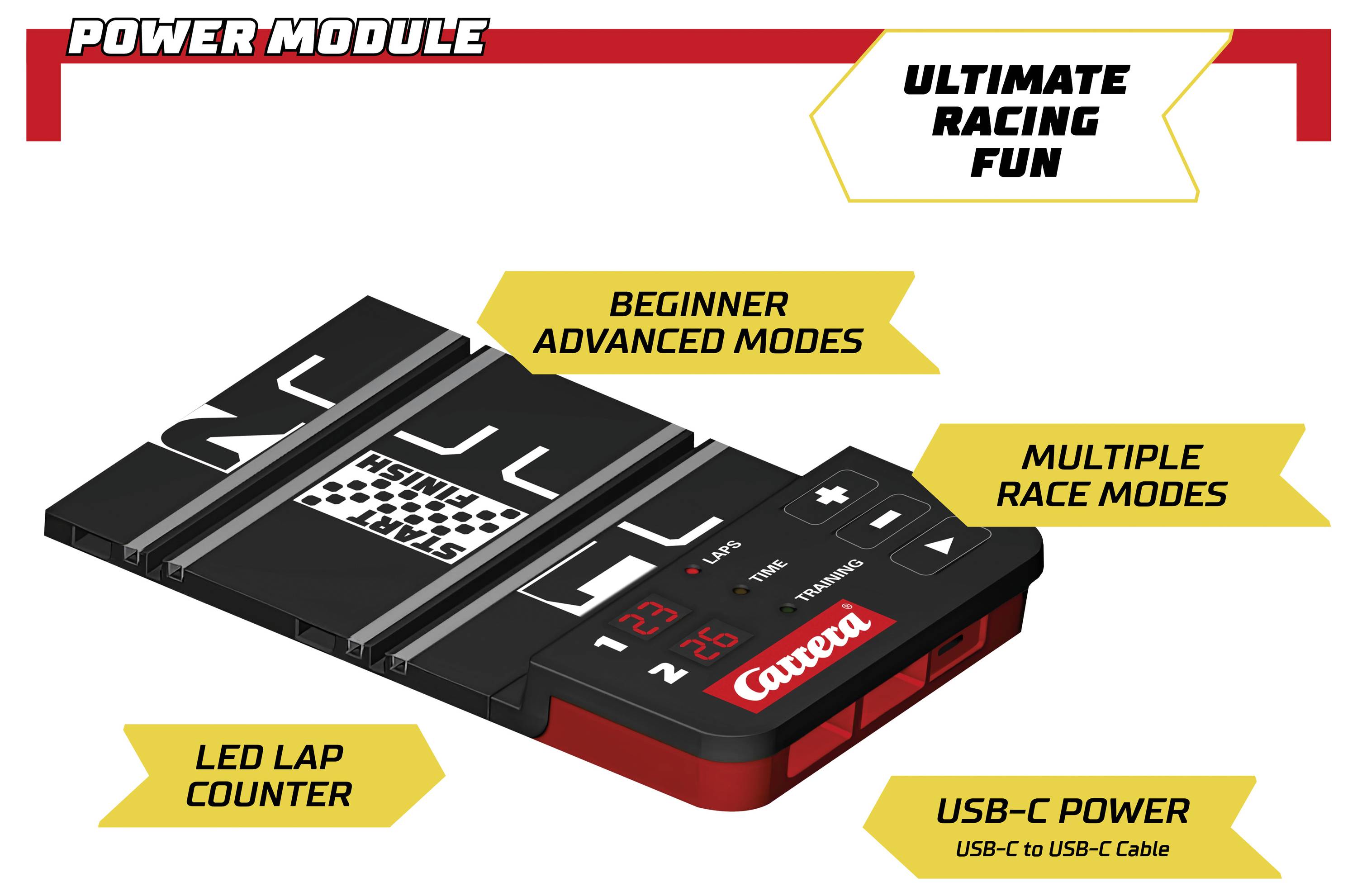 Produktgrafik för en Carrera kraftmodul för racing set-kontroller, som visar "ultimat racingkul", nybörjar-/avancerade lägen, flera racinglägen, LED-varvsräknare och USB-C-strömförsörjning.
