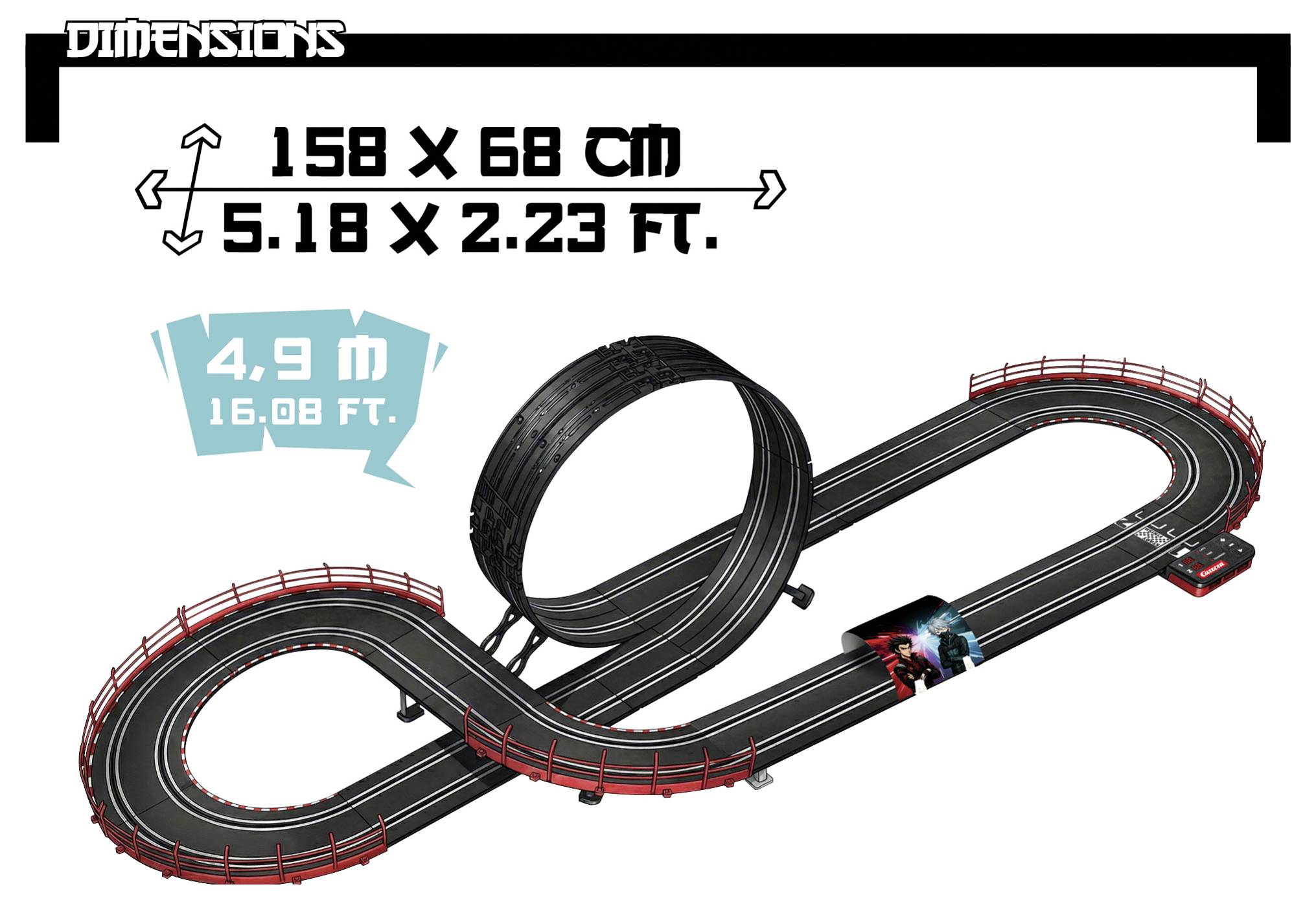 Spårbildsdiagram för slot car-bana med dimensioner: 158 x 68 cm (5,18 x 2,23 ft) och 4,9 m (16,08 ft) spårlängd.