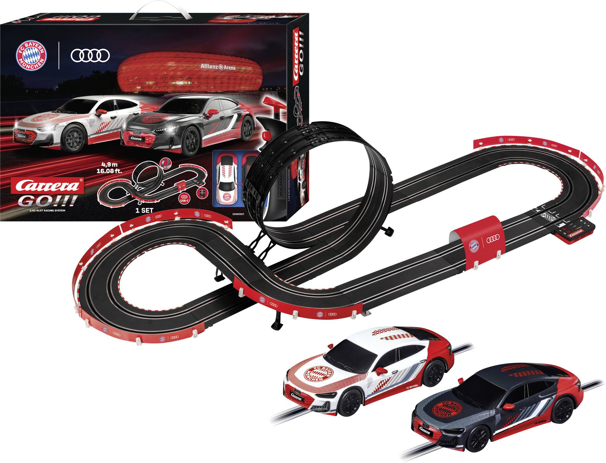Carrera GO!!! Audi slot car-racingset med två bilar, loop och spårlayout, och produktförpackning visad på vit bakgrund.