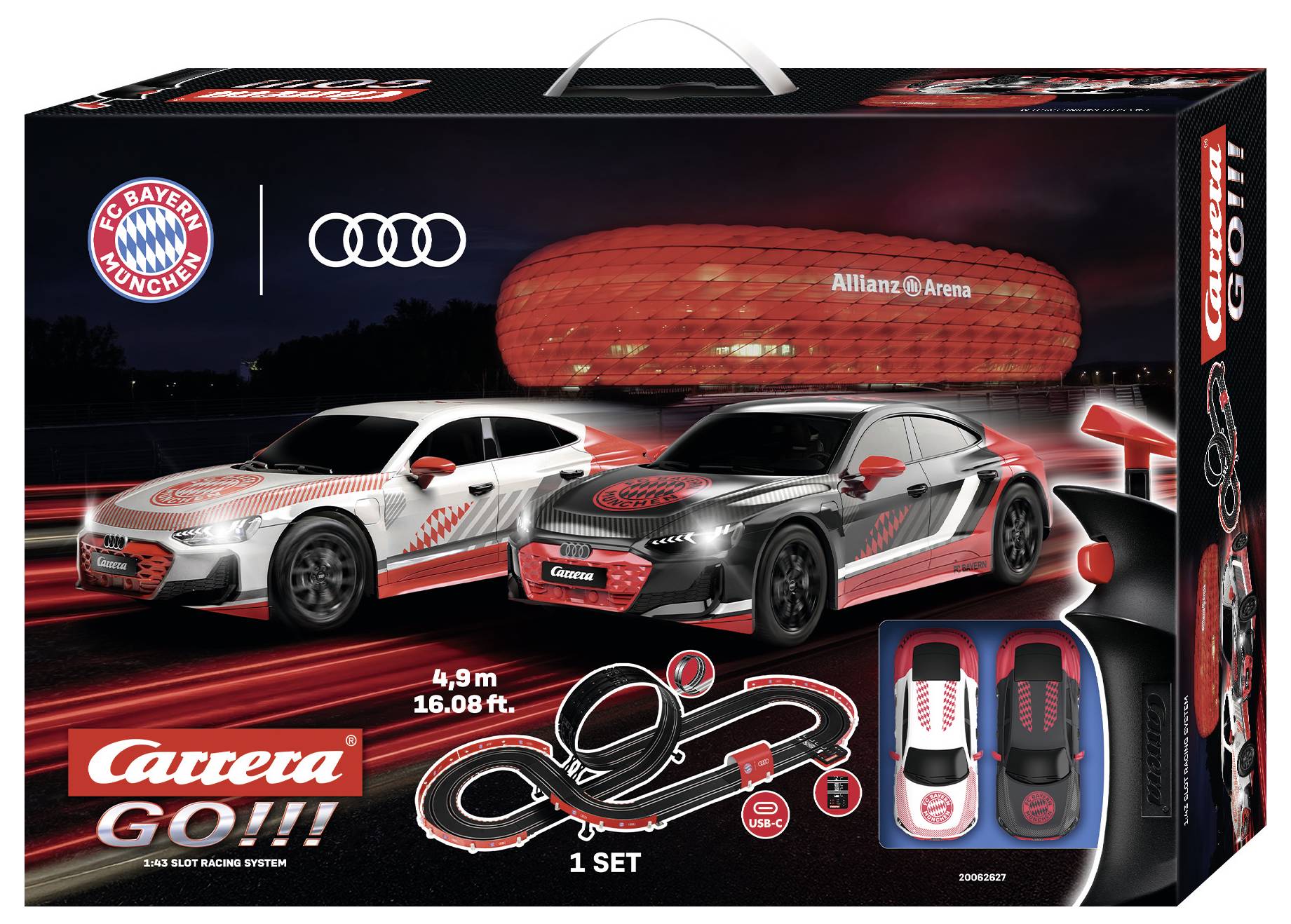 Carrera GO!!! bilbanesspel med två Audi-tävlingsbilar, FC Bayern Munich och Audi-logotyper, och Allianz Arena-bakgrund på lådan.