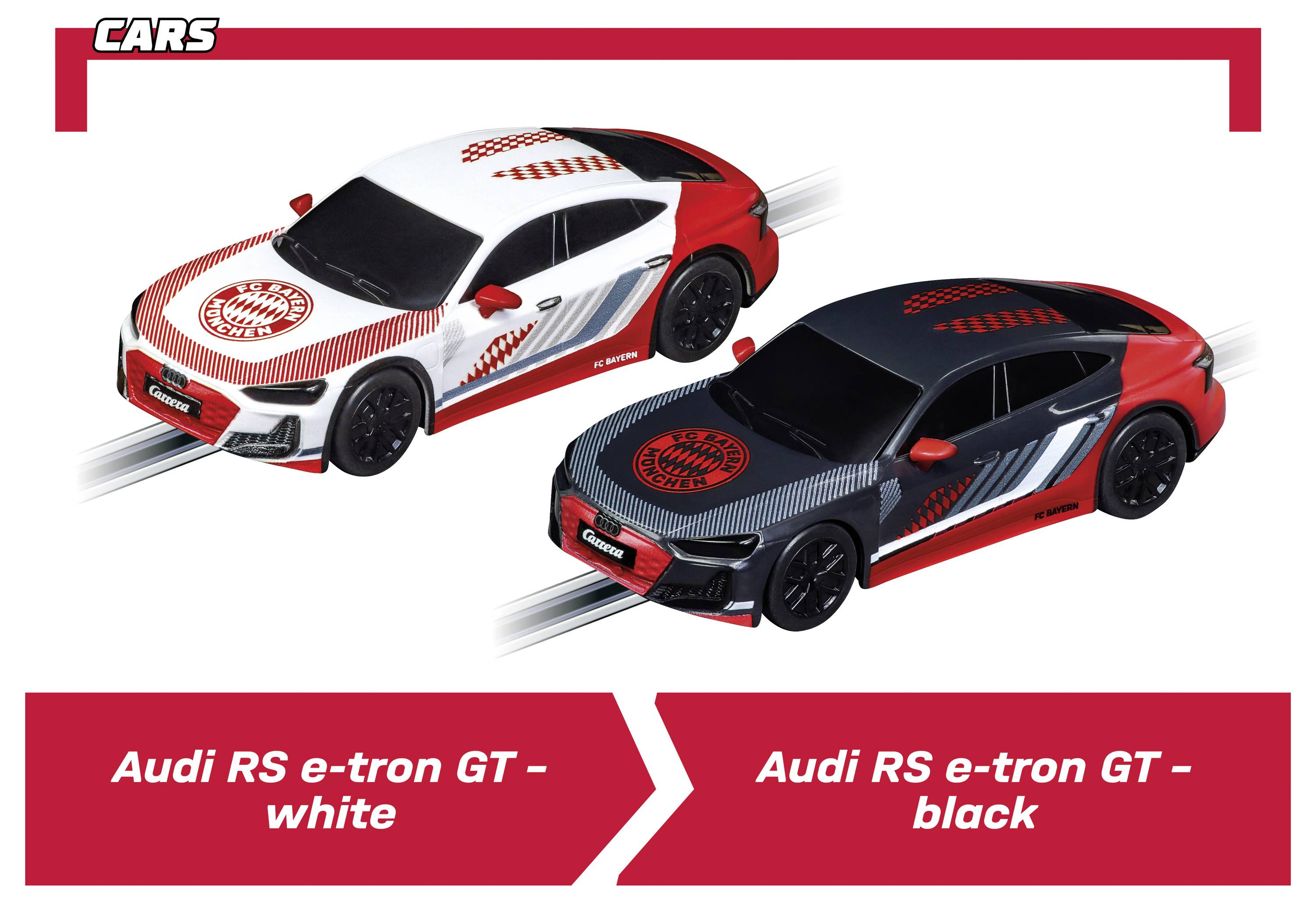 Sida vid sida-bilder av en Audi RS e-tron GT i två färgversioner, märkta vit och svart, på en reklamgrafik för "BILAR".