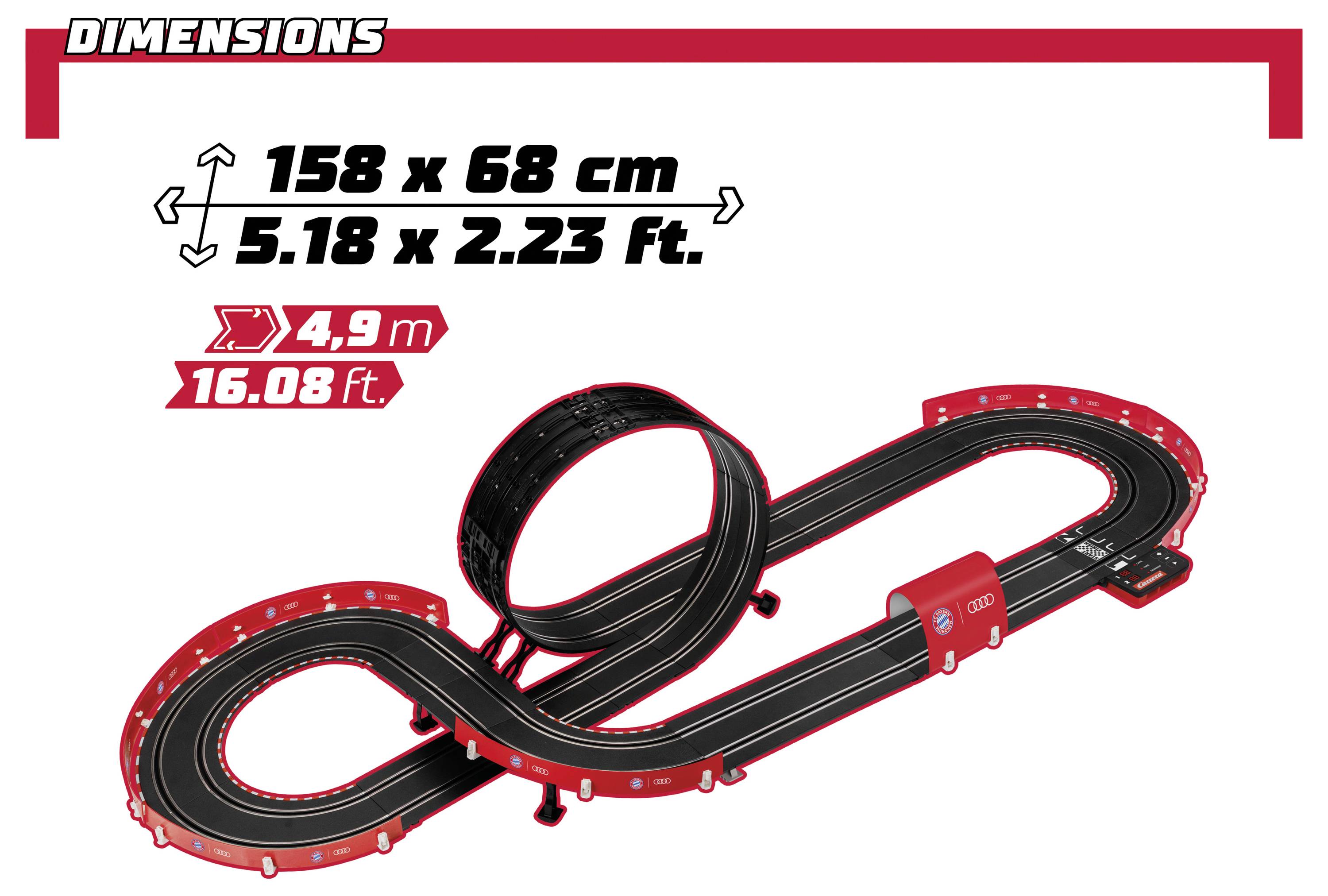 Slot car-banan dimensionsdiagram som visar total storlek 158 x 68 cm (5,18 x 2,23 ft) och banans längd 4,9 m (16,08 ft).