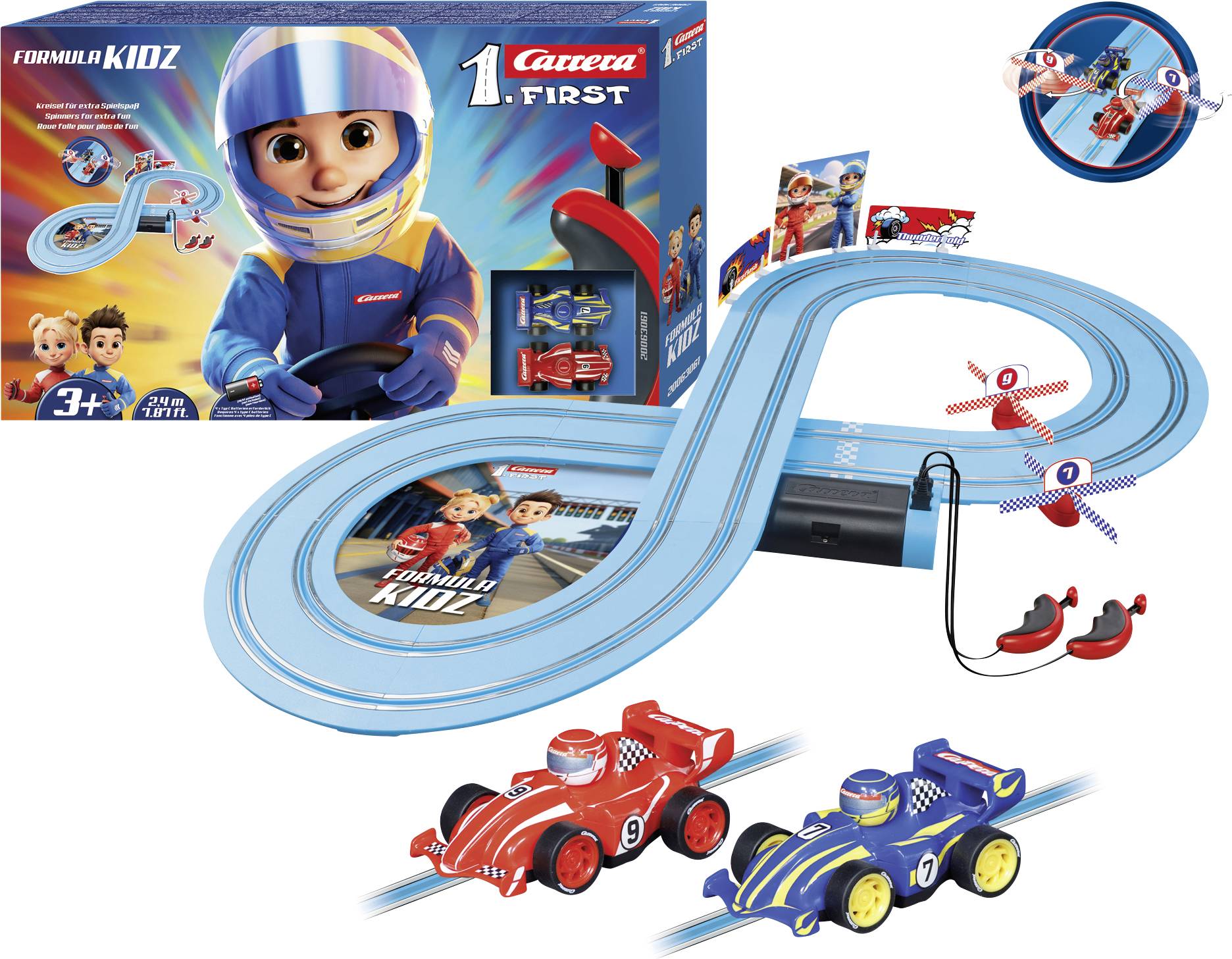 Carrera FIRST Formula KIDZ leksaksracerbana med blå slinga, två slot-bilar, handkontroll och förpackning med tecknad förare