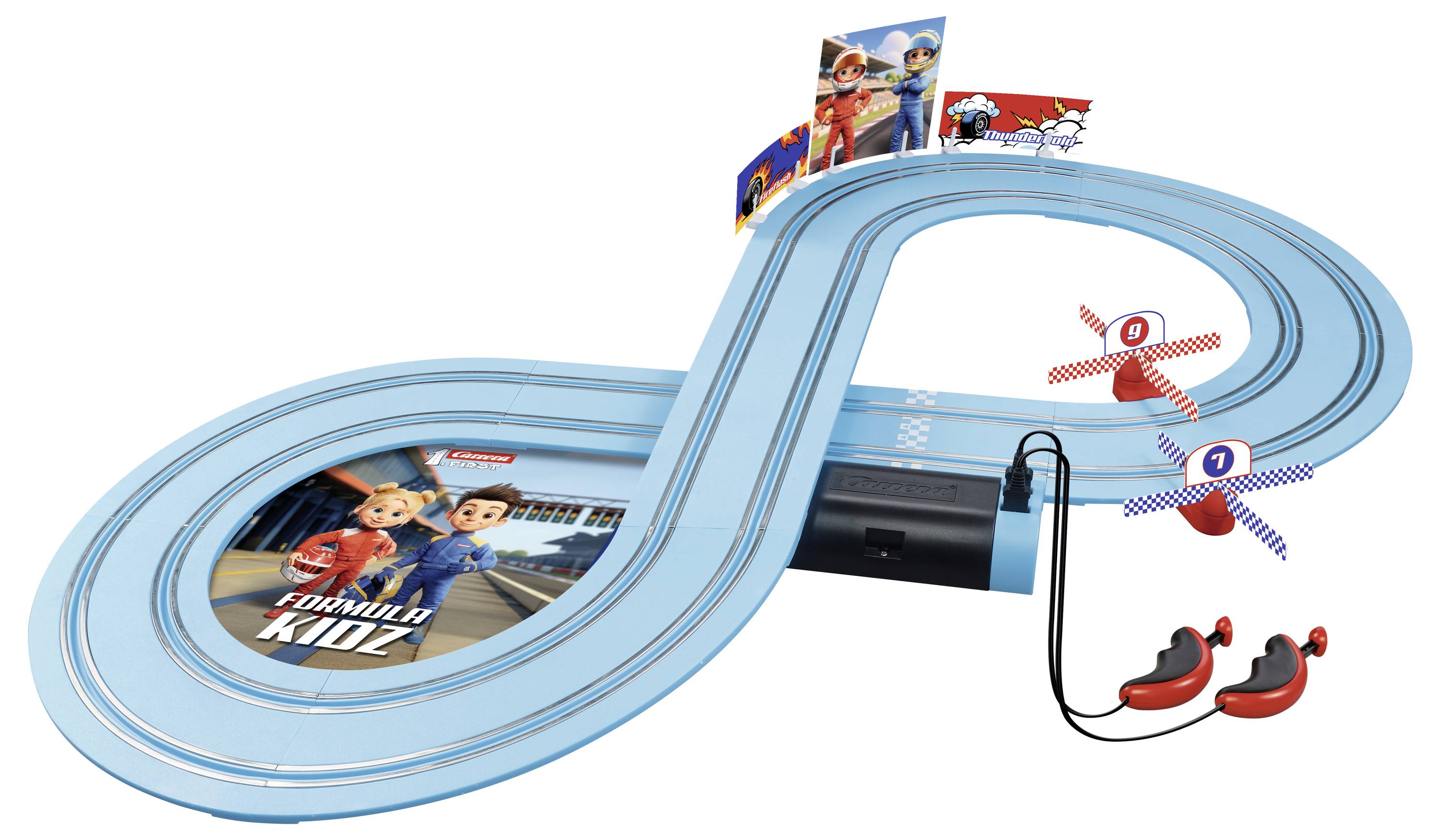Leksaks slot-car-racingset med ett blått åttatalsformat spår, två små bilar och fjärrkontroller, med Paw Patrol-tema signering och startgrindar för bilar.