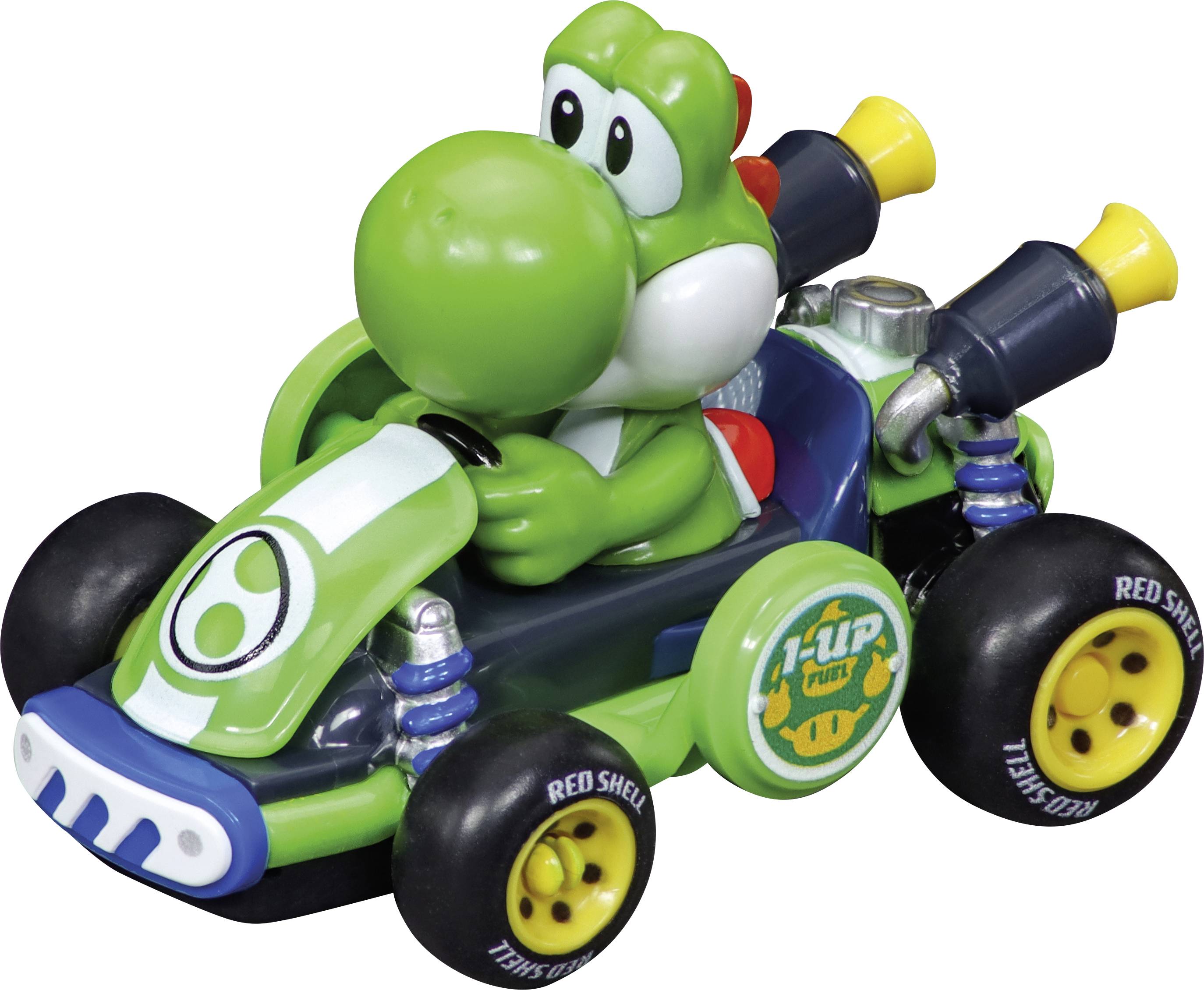 Grön Yoshi-leksak i en grön kart med vit ägemblem och gula hjul, visas på vit bakgrund.