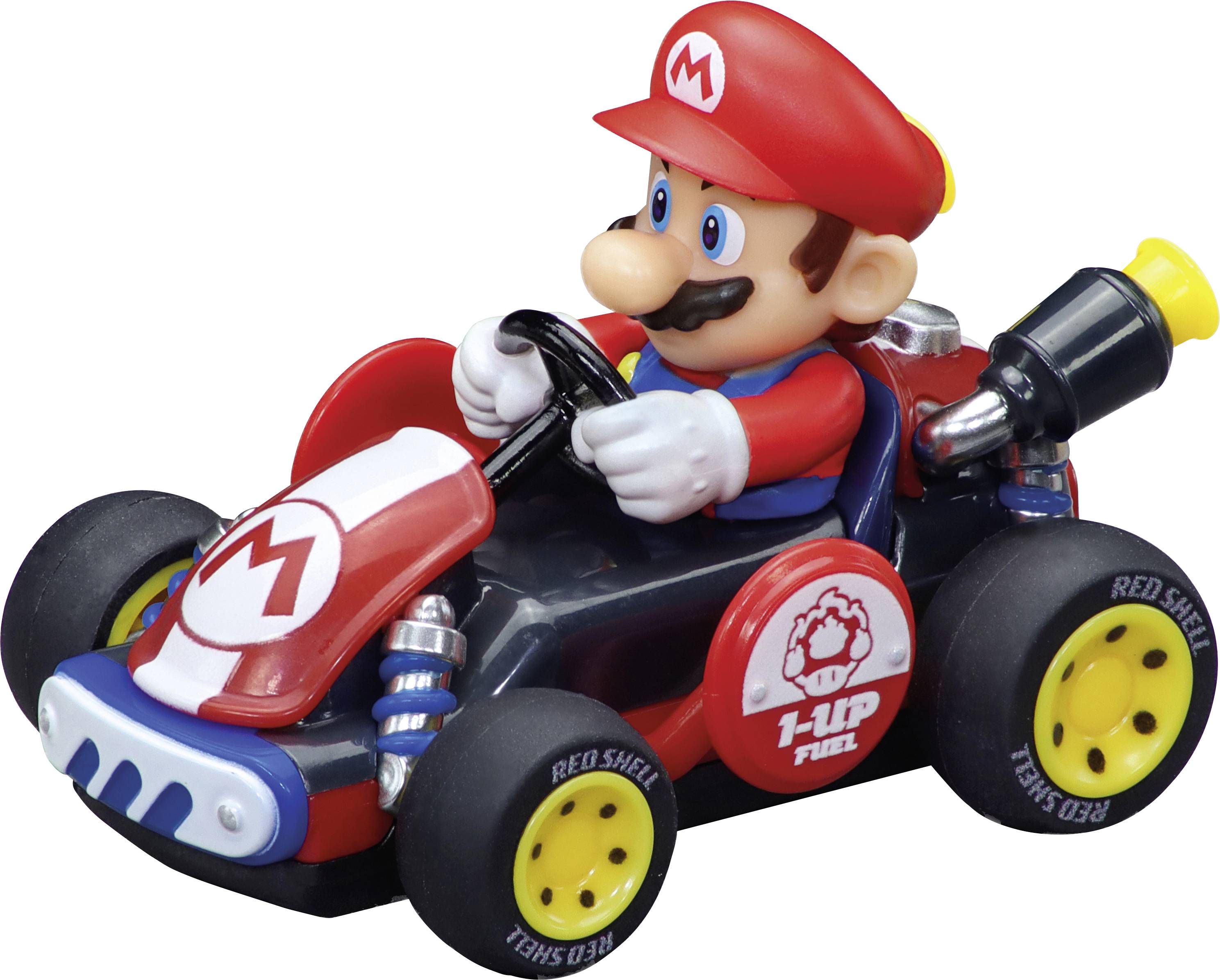 Mario som kör en röd och blå leksakskartbil med gula hjul, visad i profil på en vit bakgrund.