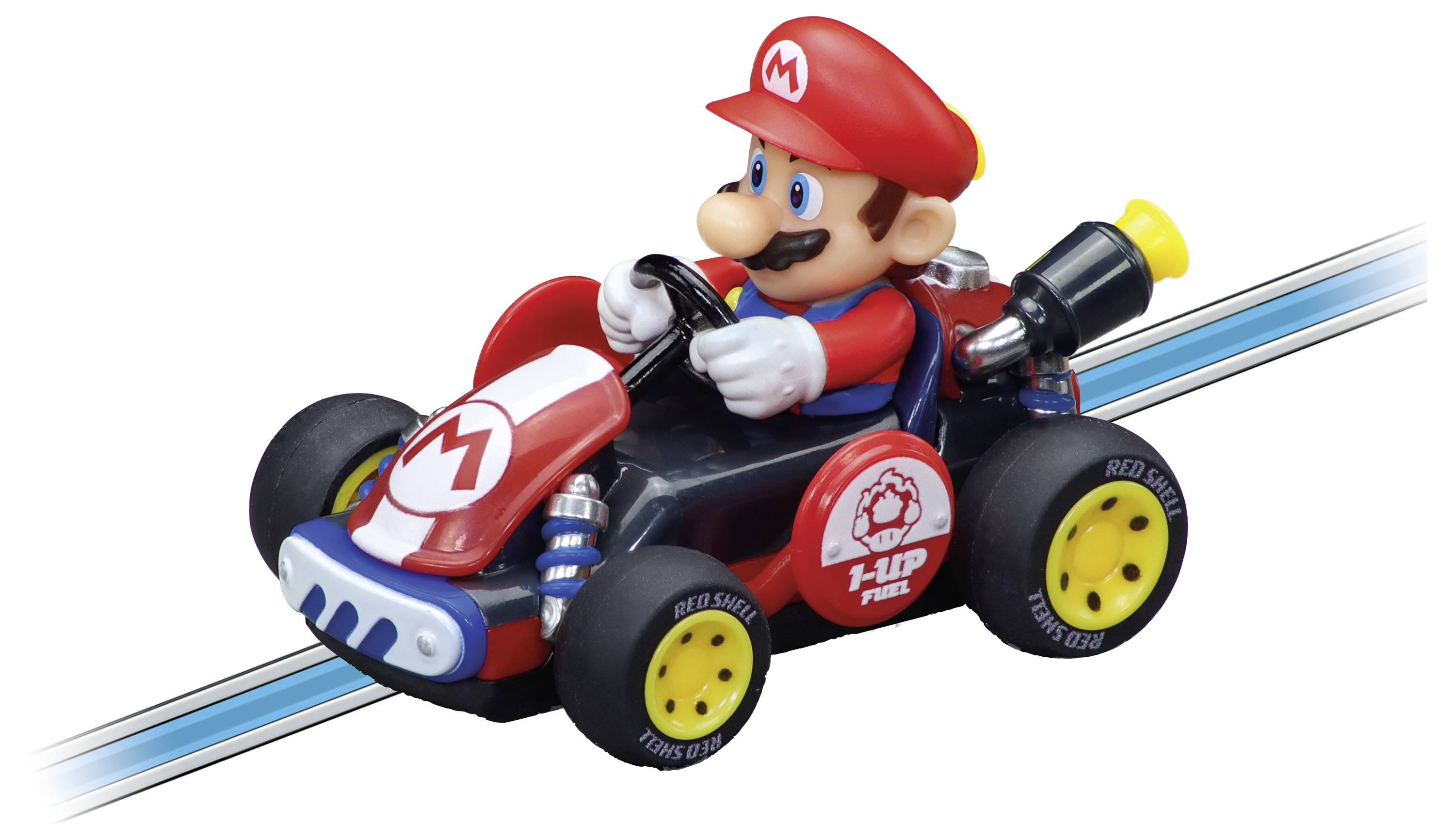 Mario-leksaksbilförare i en röd kart på ett blått spår, visad på en vit bakgrund med Nintendo-stil branding.