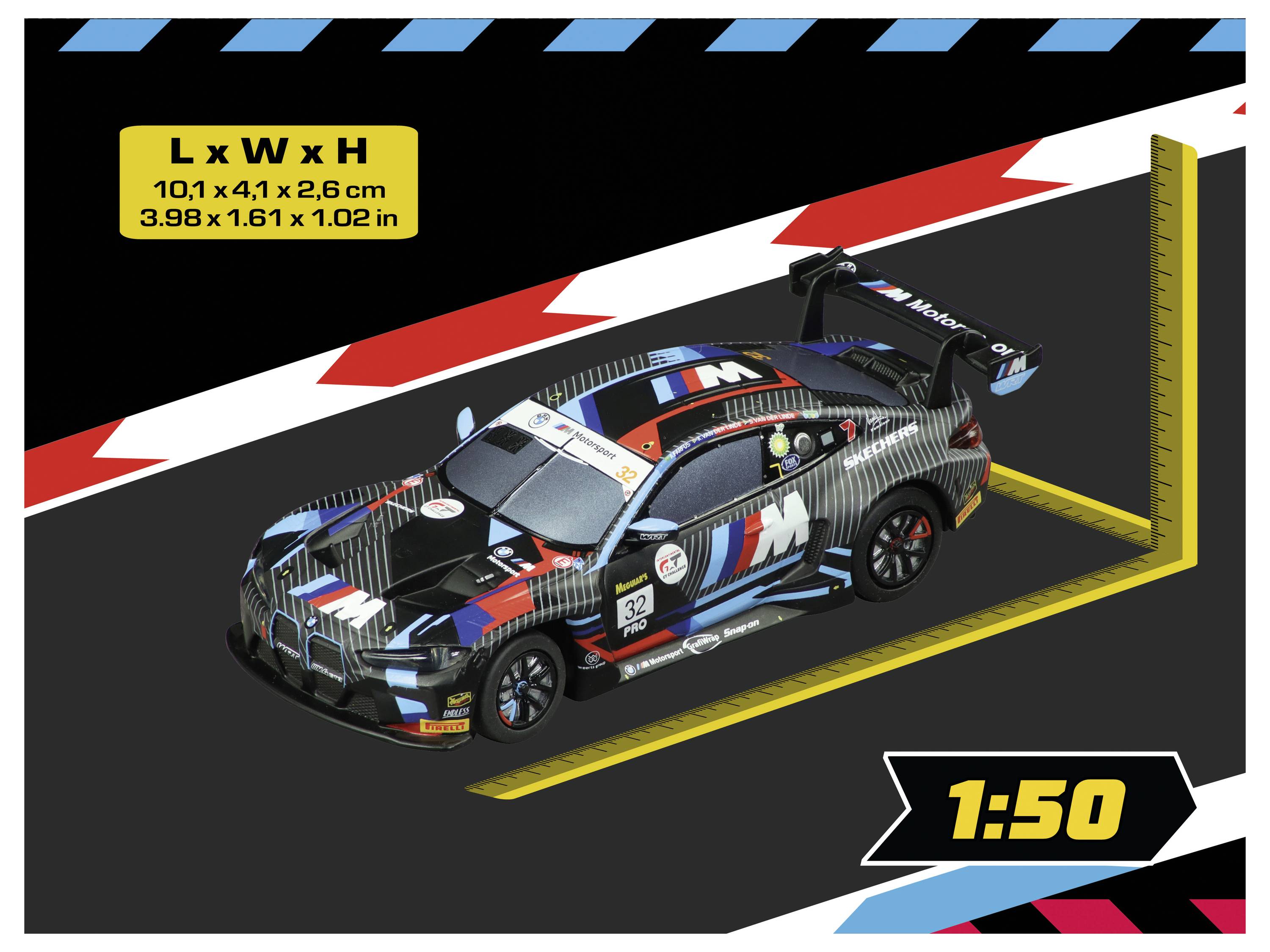 Skaldiagram av en BMW M-racerbilsmodell med dimensioner: LxBxH 10,1 x 4,1 x 2,6 cm (3,98 x 1,61 x 1,02 tum) och skala 1:50.