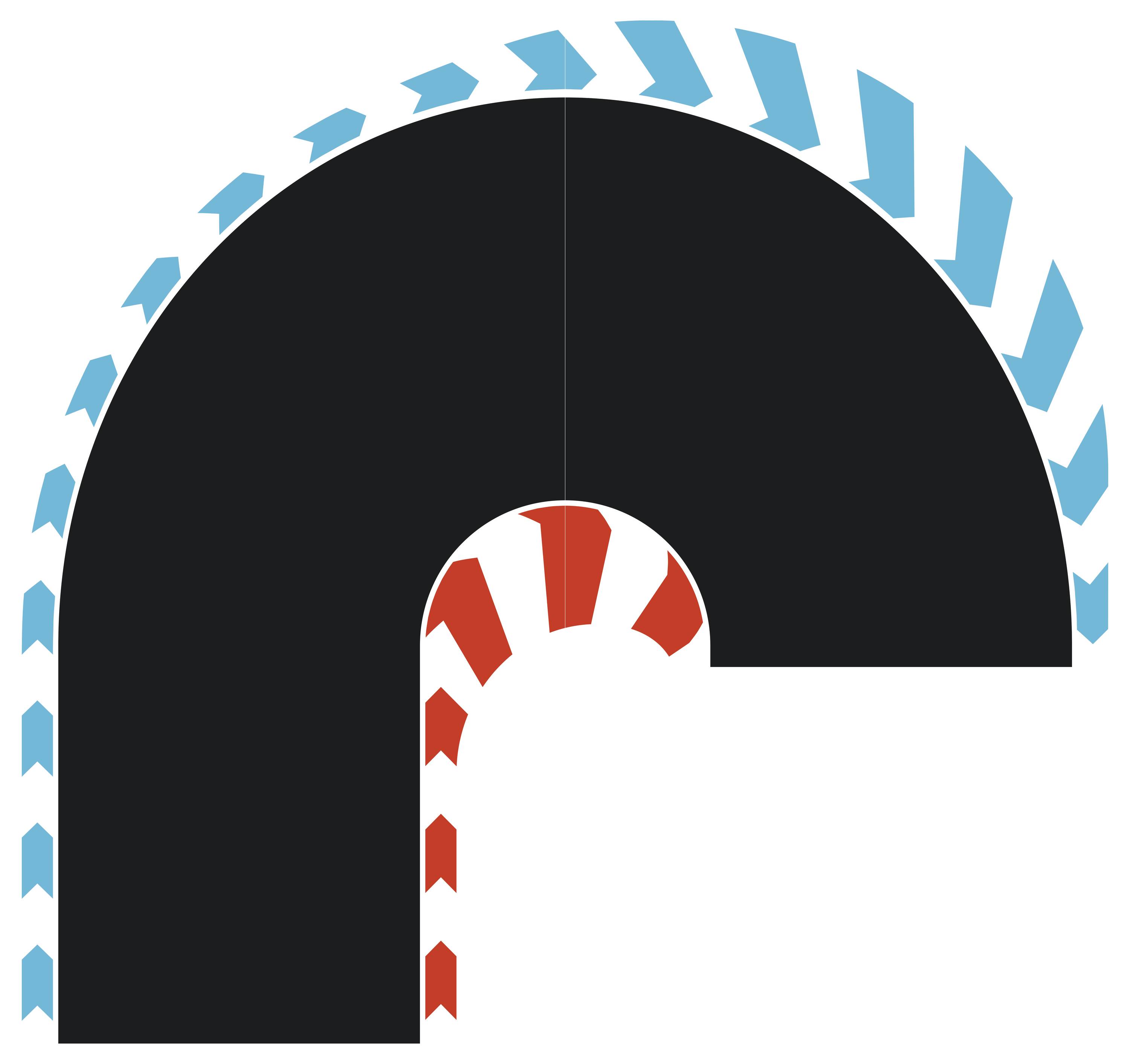 Abstrakt logotyp av en svart båglikt form med blå pilar runt utsidan och röda pilar inuti ett centralt utsnitt, vilket föreslår rörelse eller rotation