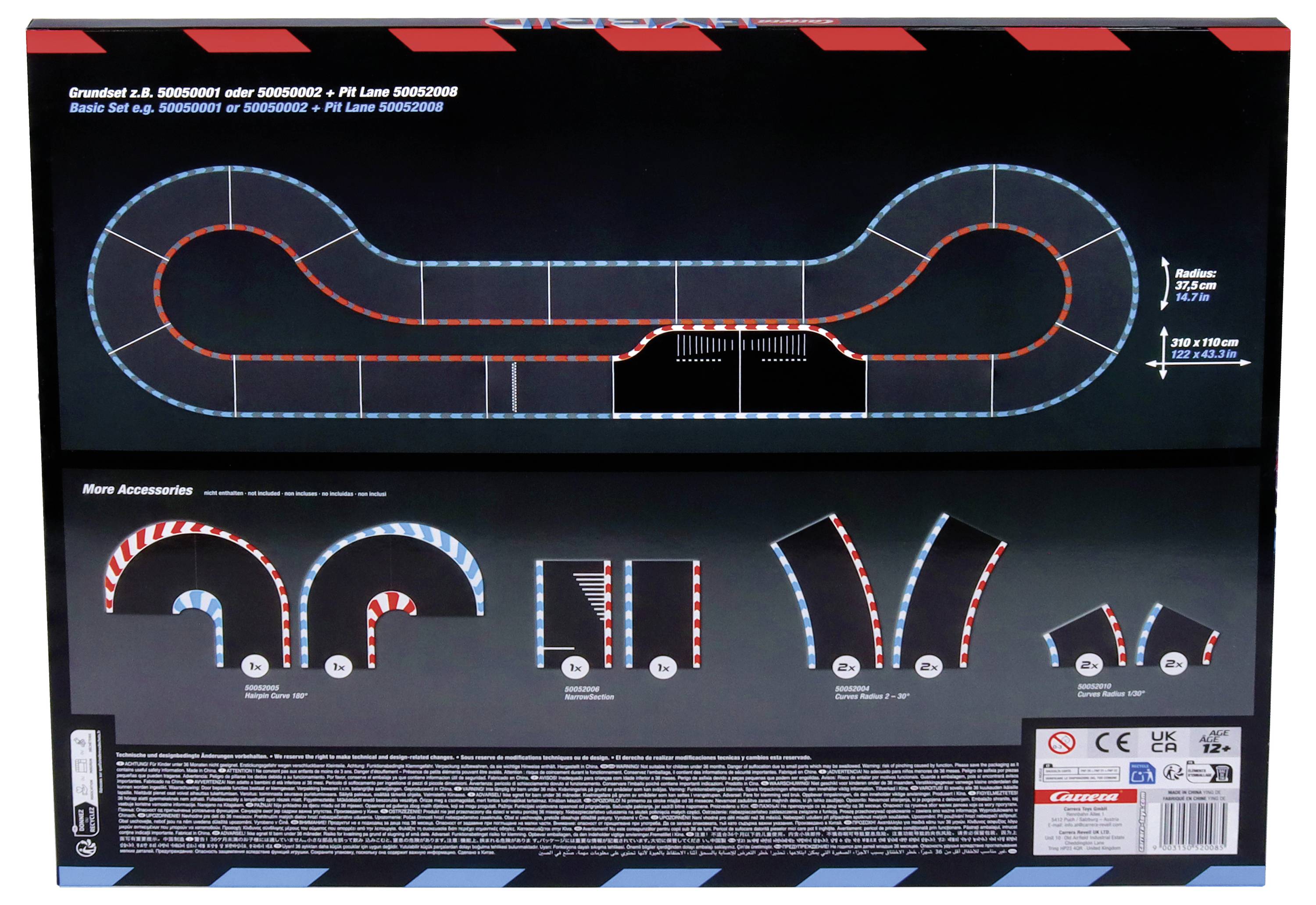 Låda med slotbilbanediagram som visar monterad oval layout med loopingkurvor och flera tillbehörsbitars spårbitar nedan.