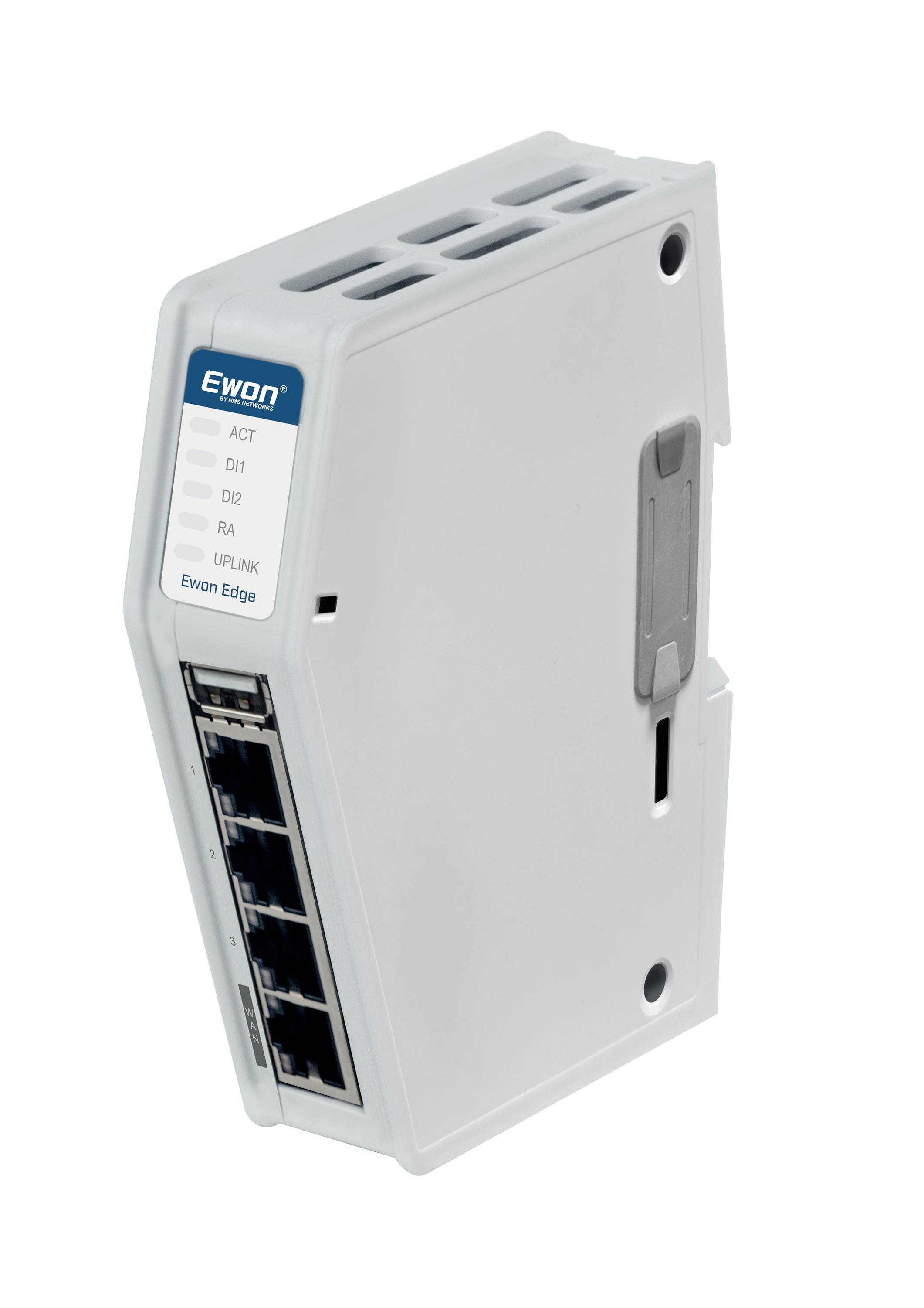 Industriell Ewon Edge-nätverksenhet med fyra Ethernet-portar, status-LED:er och sidmonteringshårdvara på vit bakgrund.