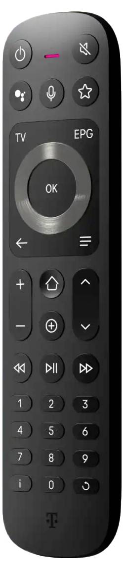 Svart TV-fjärrkontroll med strömknapp, tystningsknapp, röstknapp, favoritknapp, TV/EPG-knapp, OK-ring, navigeringsknapp, volymknapp, kanalknapp, uppspelningsknapp och sifferknapp.