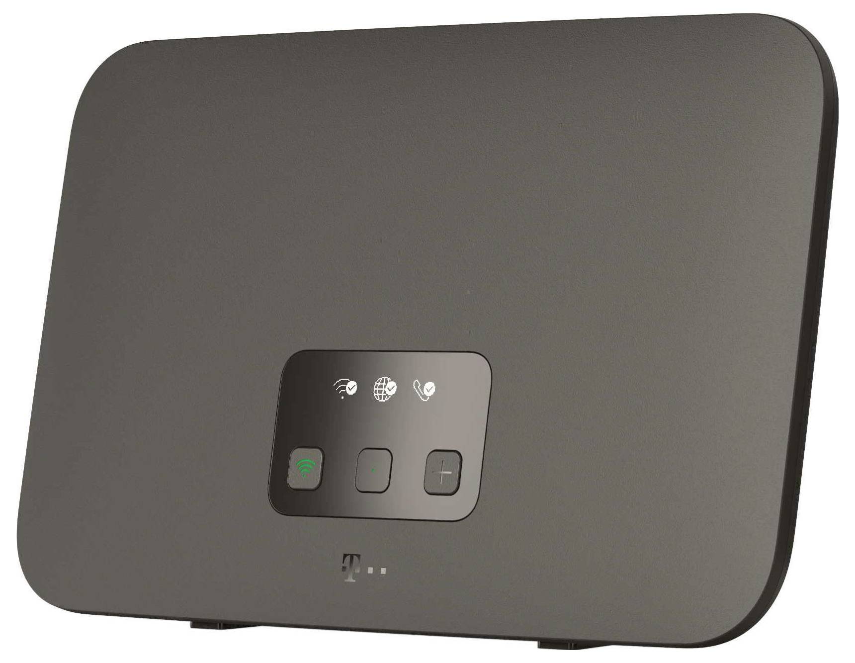 Svart T-Mobile Wi‑Fi-router eller hotspot med en liten frontstätuspanel som visar trådlösa, internet- och strömikoner.