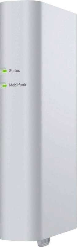 Vit väggmonterad nätverksenhet med två gröna indikatorer märkta "Status" och "Mobilfunk".