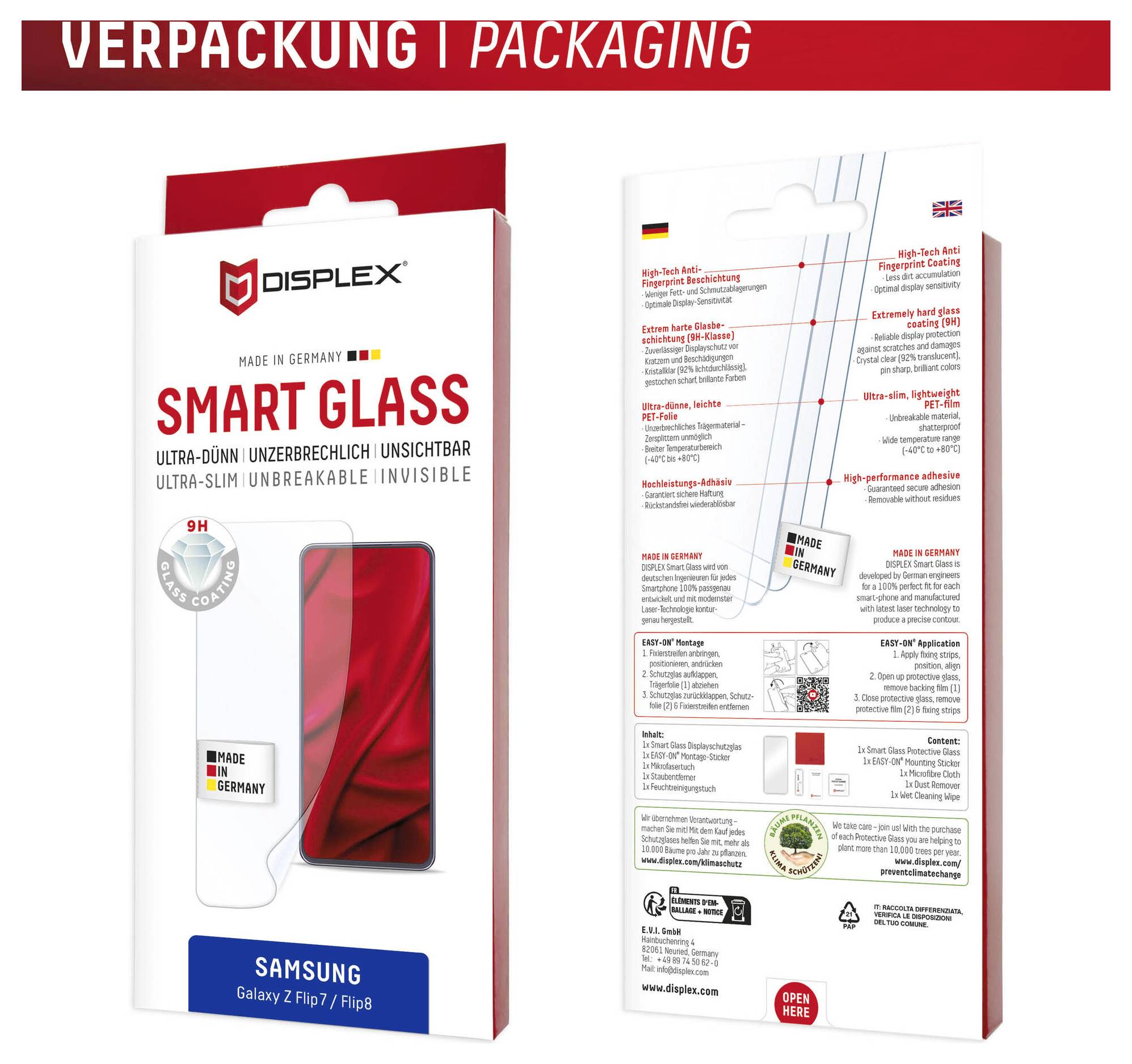 Displex Smart Glass förpackning visad fram och bak för Samsung Galaxy Z Flip7/Flip8, med röd-och-vit lådedesign och produktegenskaper listade.