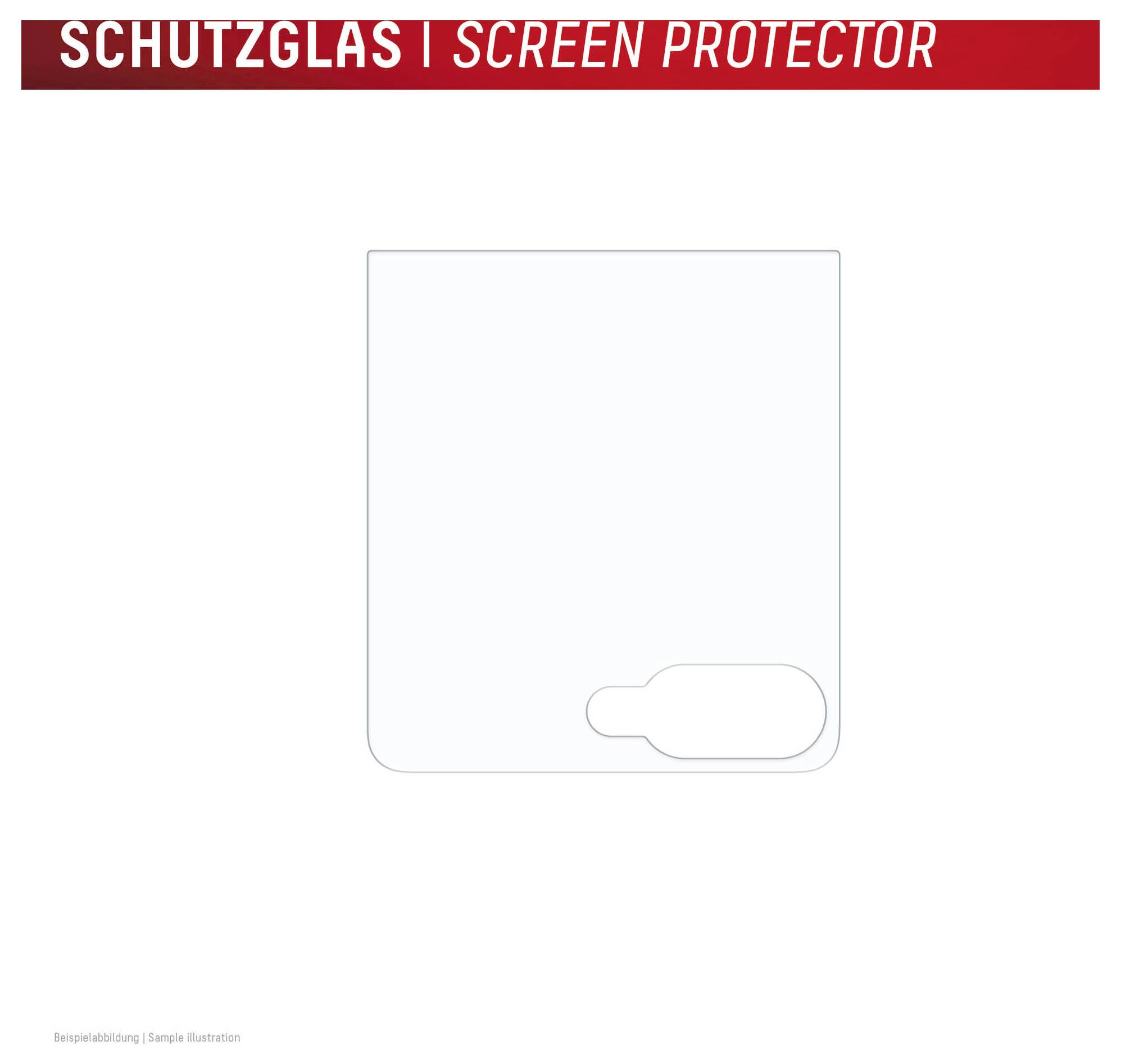 Tom skärmskyddsillustration med en liten rundad flik i det nedre högra hörnet, märkt "SCHUTZGLAS | SCREEN PROTECTOR" överst.
