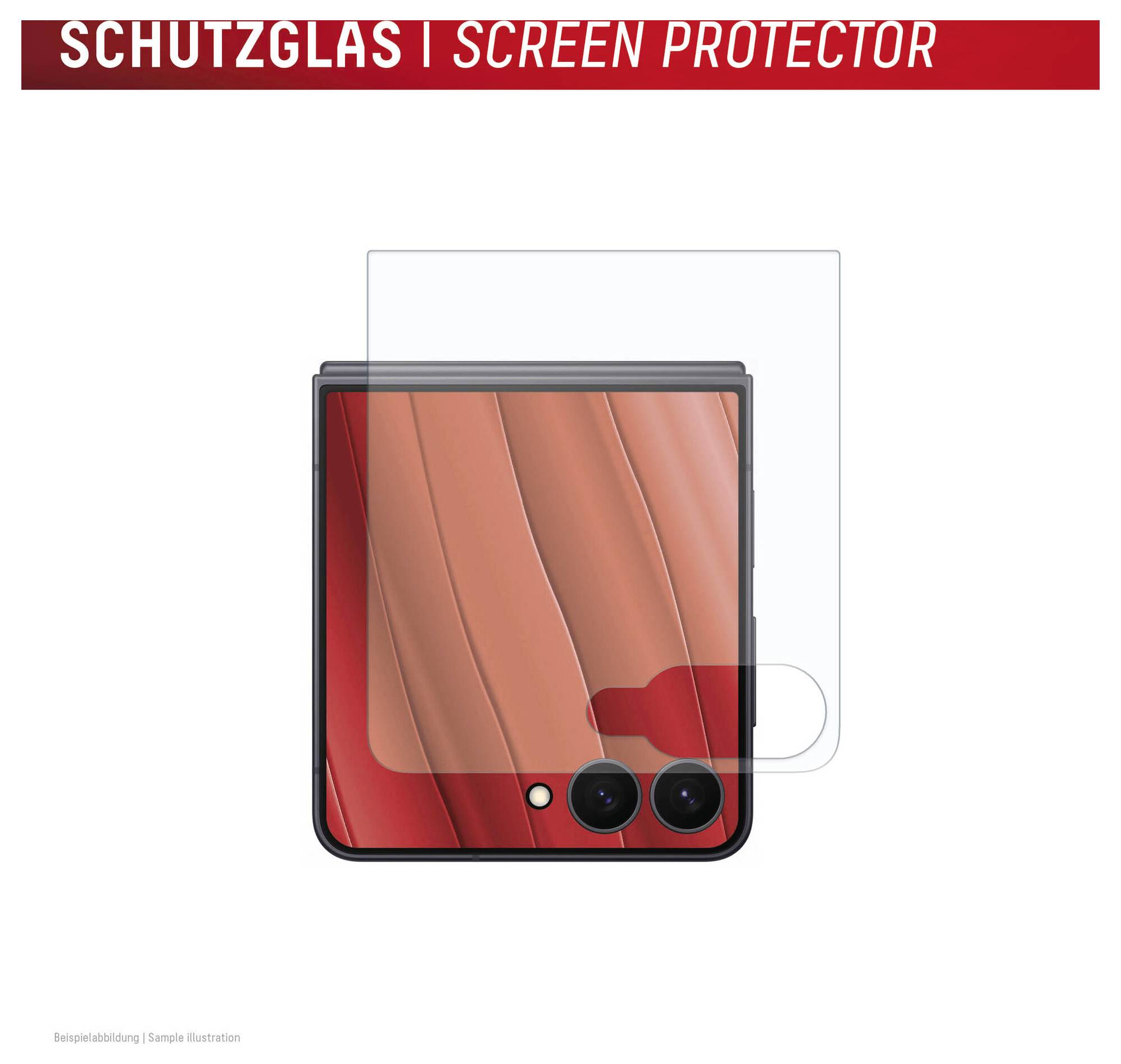Illustration av en skärmskydd för telefon justerat över en vikbar smartphoneskärm, som visar täckning för framsidan och kameraöppningen.