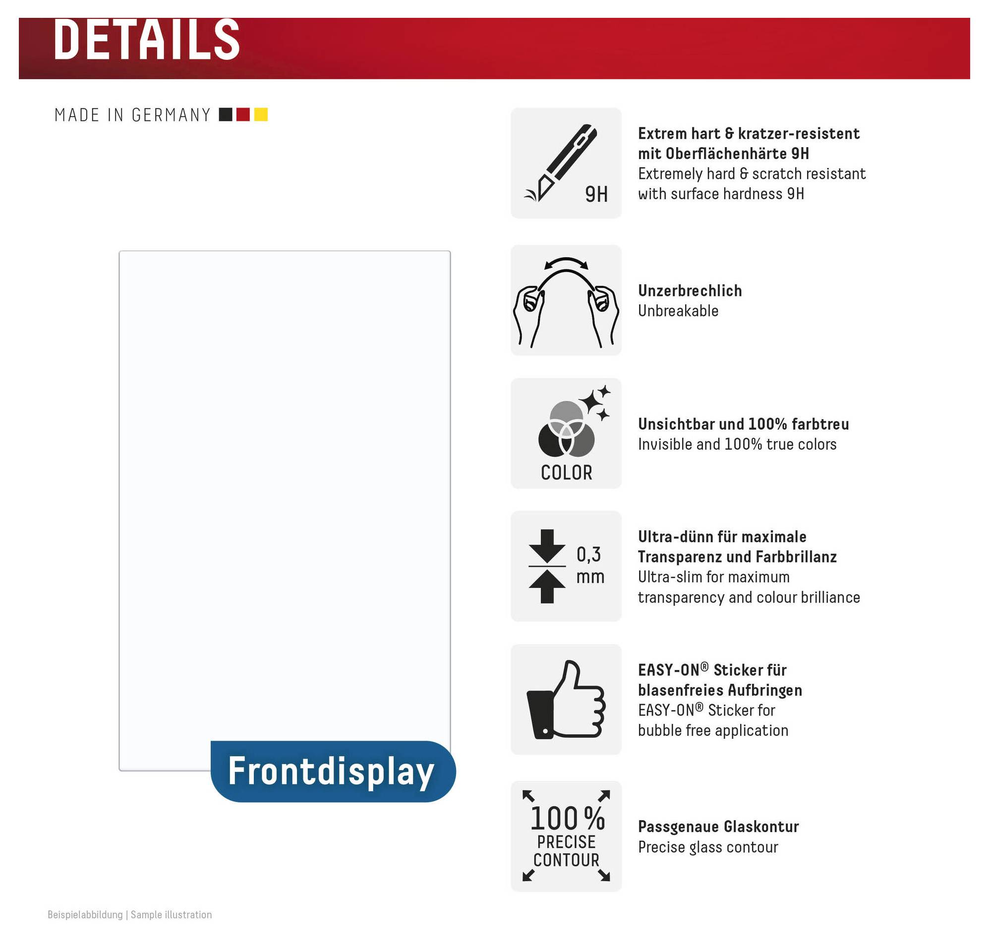 Marknadsföringsmaterialsgrafikk för en skärmskydd, märkt "Frontdisplay" (Frontdisplay), som visar följande egenskaper: 9H hårdhet, oförstörbar, osynlig och sann färgåtergivning, 0,3 mm tjocklek, bubblefri applicering och exakt glaskontour.