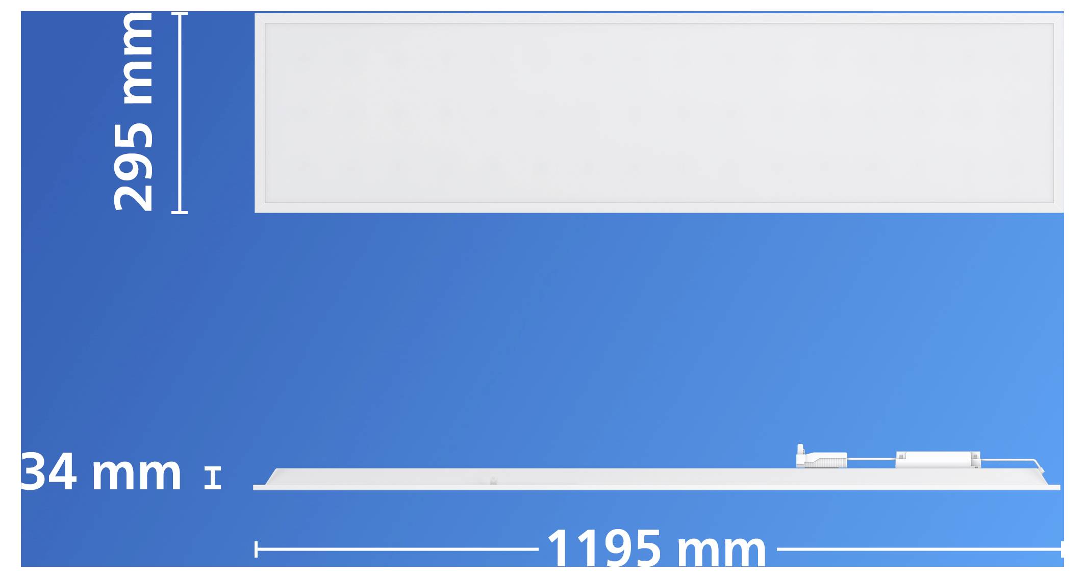 Teknisk diagram över en långt vit rektangulär belysningsarmatur, märkt 1195 mm bred och 34 mm hög, med en vertikal dimension på 295 mm.