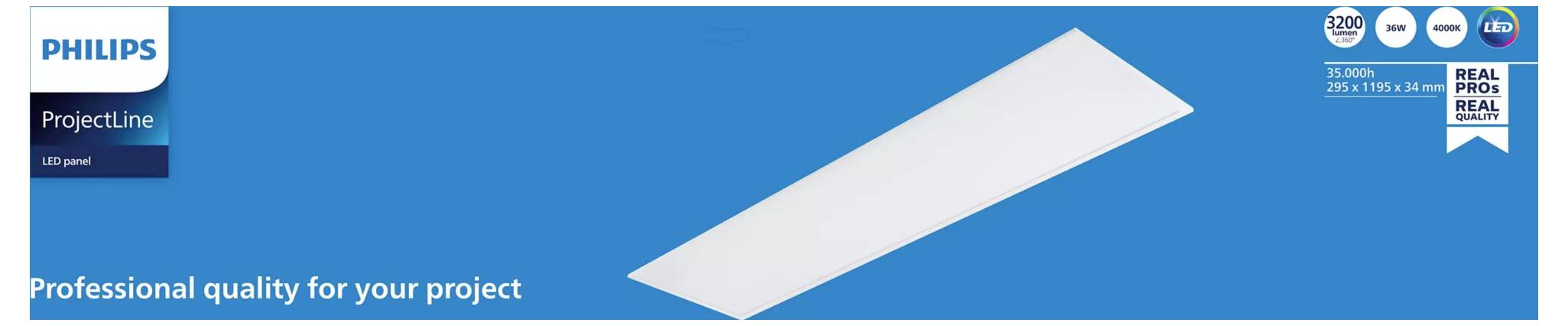 Philips ProjectLine LED-panel med tagline "Professionell kvalitet för ditt projekt" på en blå banner